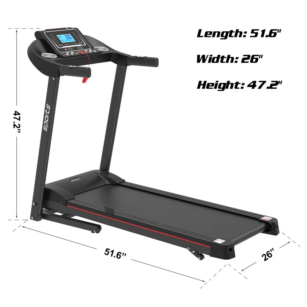 2HP Folding Treadmill, Smart Motorized Treadmill with Manual Incline and Air Spring & MP3, Exercise Running Machine with 5″ LCD Display for Home Use