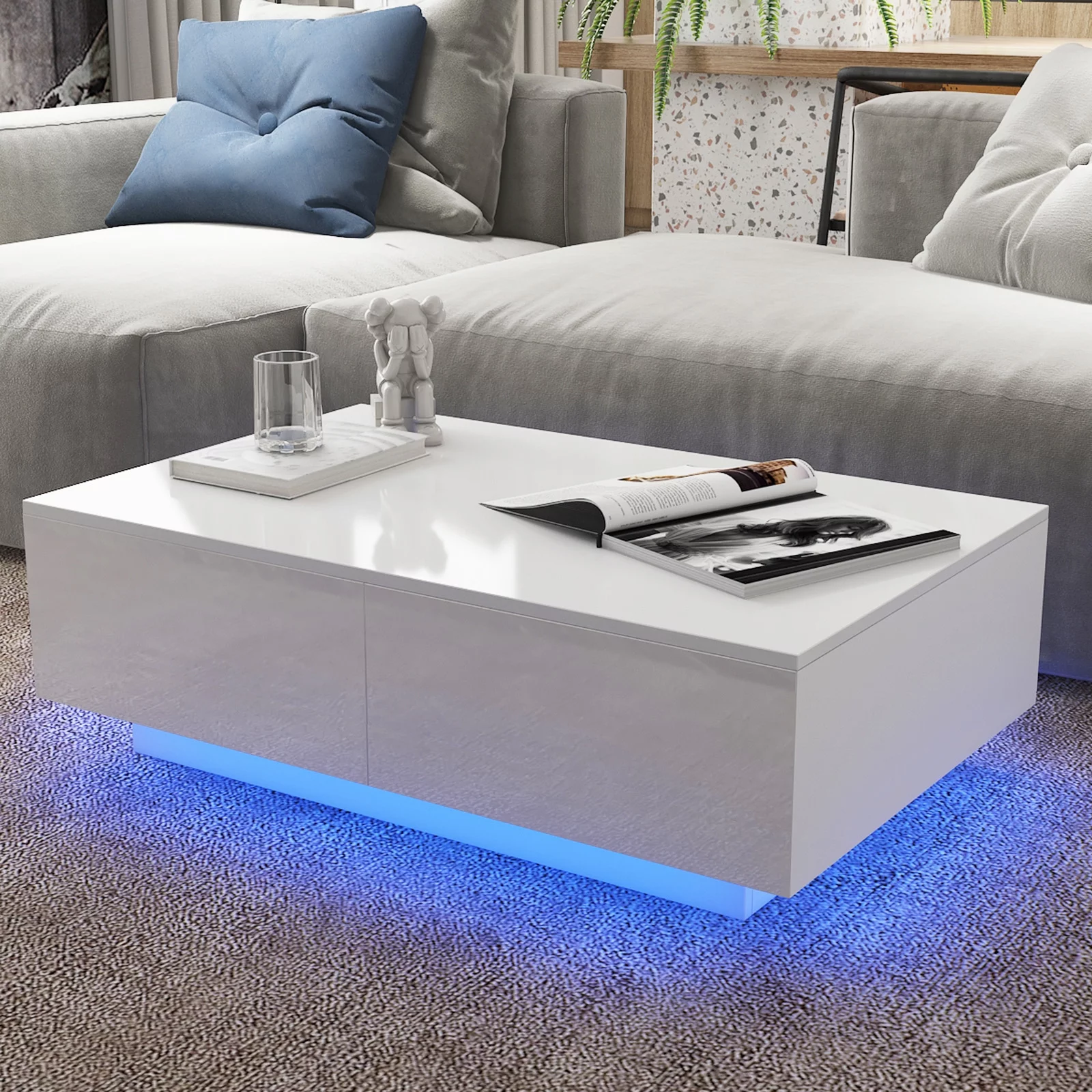 Hommpa Coffee Table with 4 Drawers LED Center Cocktail Table White High Gloss Finish