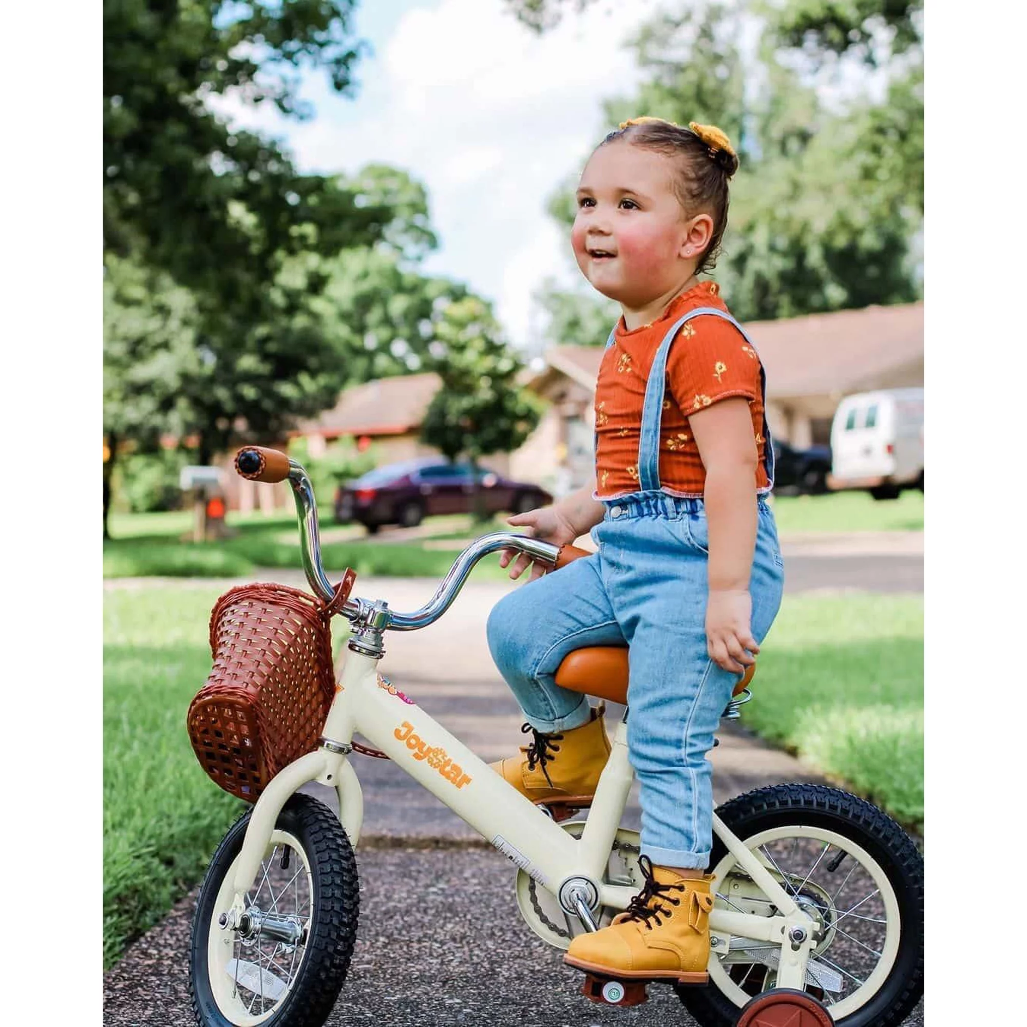 Joystar Vintage 12In Ages 2 to 7 Kids Training Wheel Bike w/ Basket, Ivory