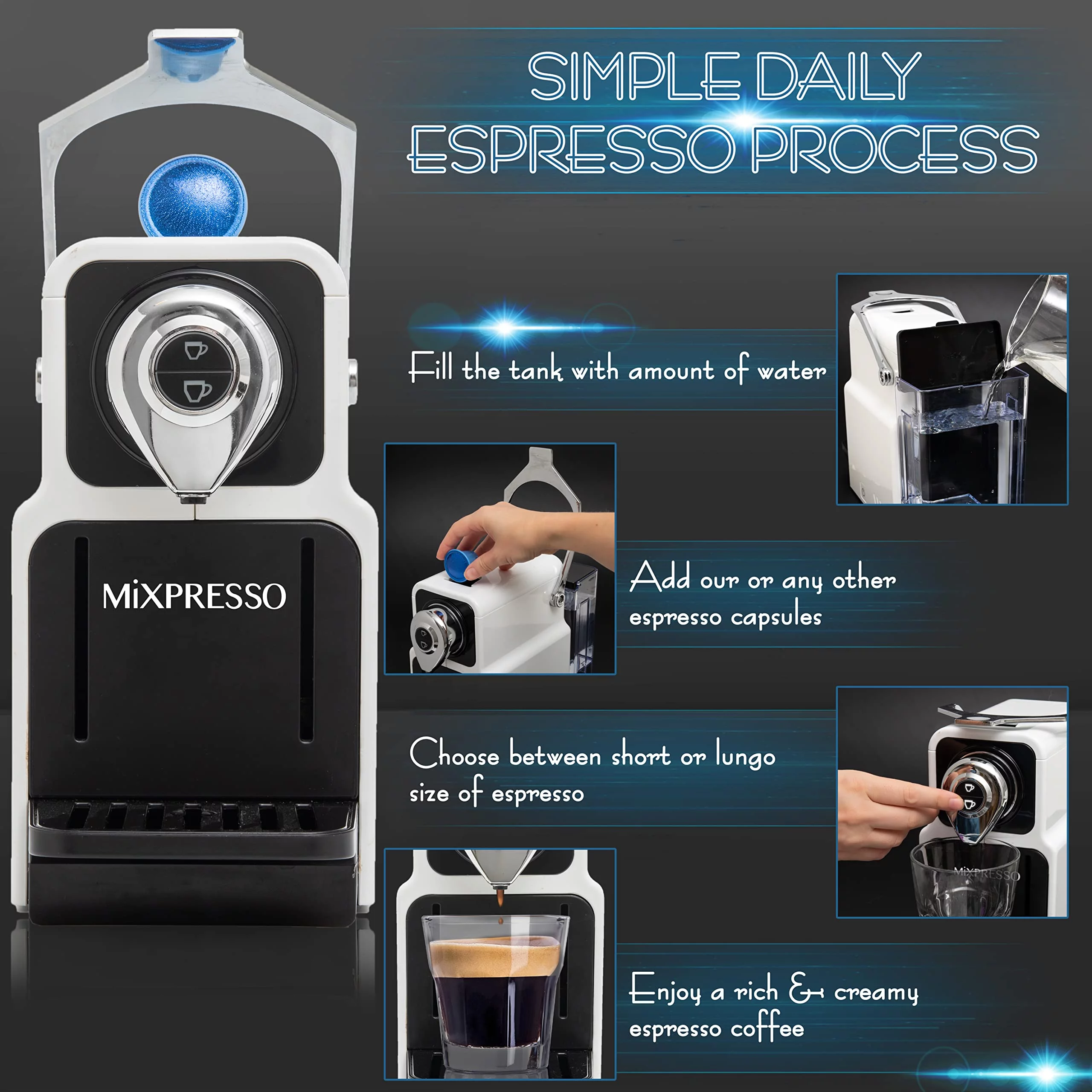 Mixpresso Espresso Machine for Nespresso Capsules 19-Bar Single Serve Coffee Maker, Black