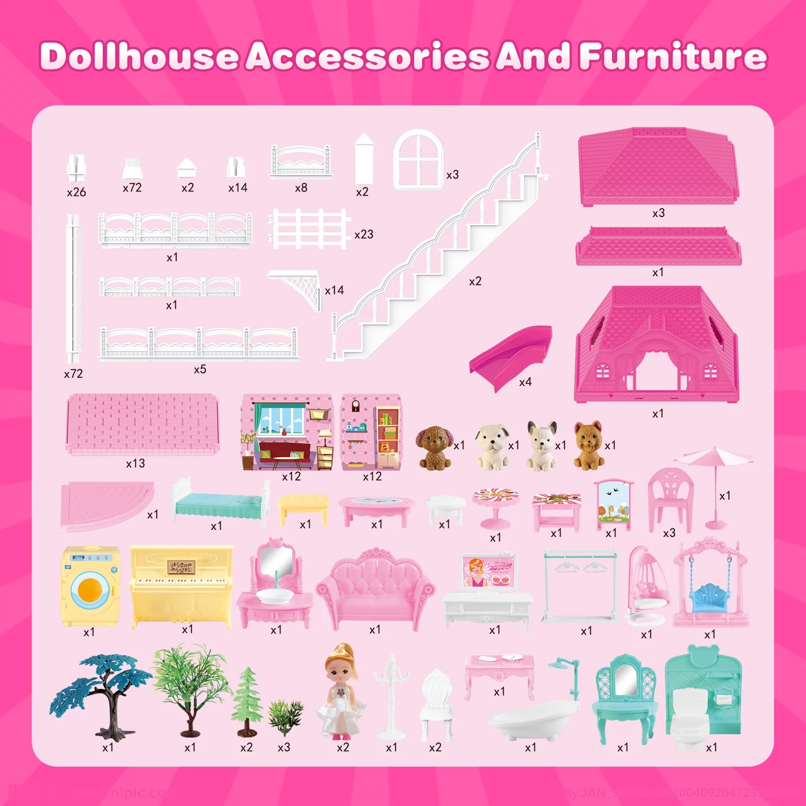 HopeRock Dollhouse for Girls, 4-Story 12 Rooms Playhouse with 2 Dolls Toy Figures, Gift Toy for Kids Ages 3 4 5 6