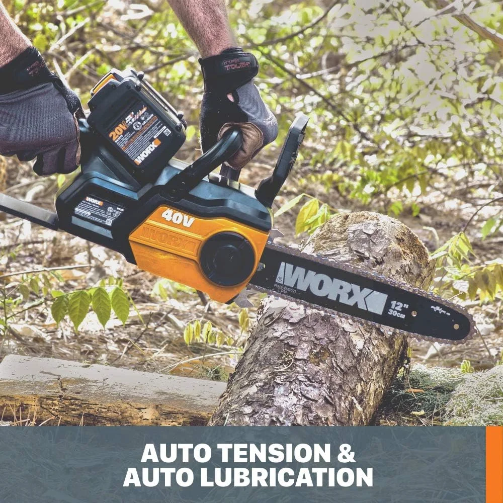 Open Box WORX 40V 12″ Cordless Chainsaw Power Share with Auto-Tension WG381 -Black/Orange