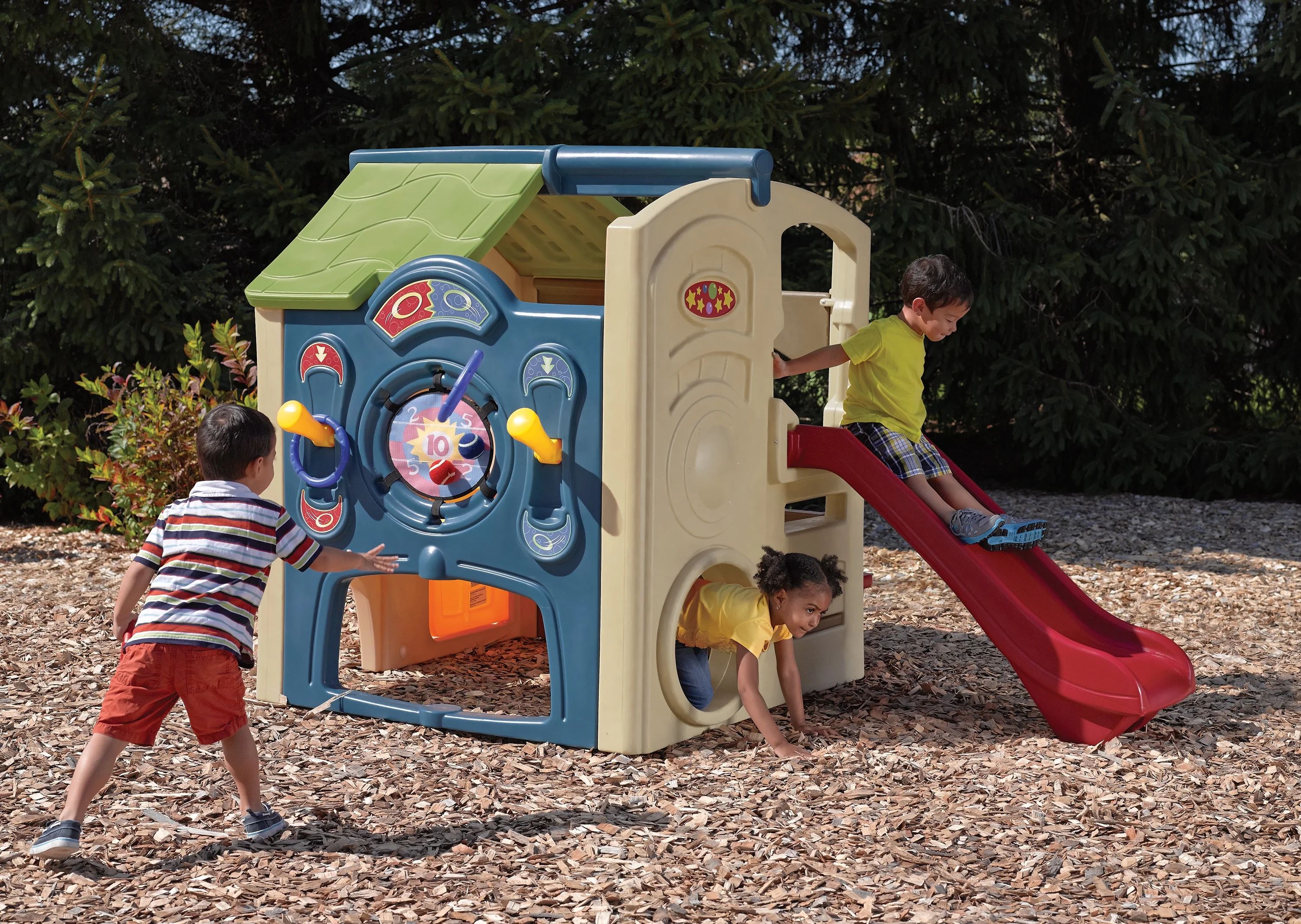 Step2 Neighborhood Fun Center Brown Playhouse with Slide Plastic Kids Outdoor Toys