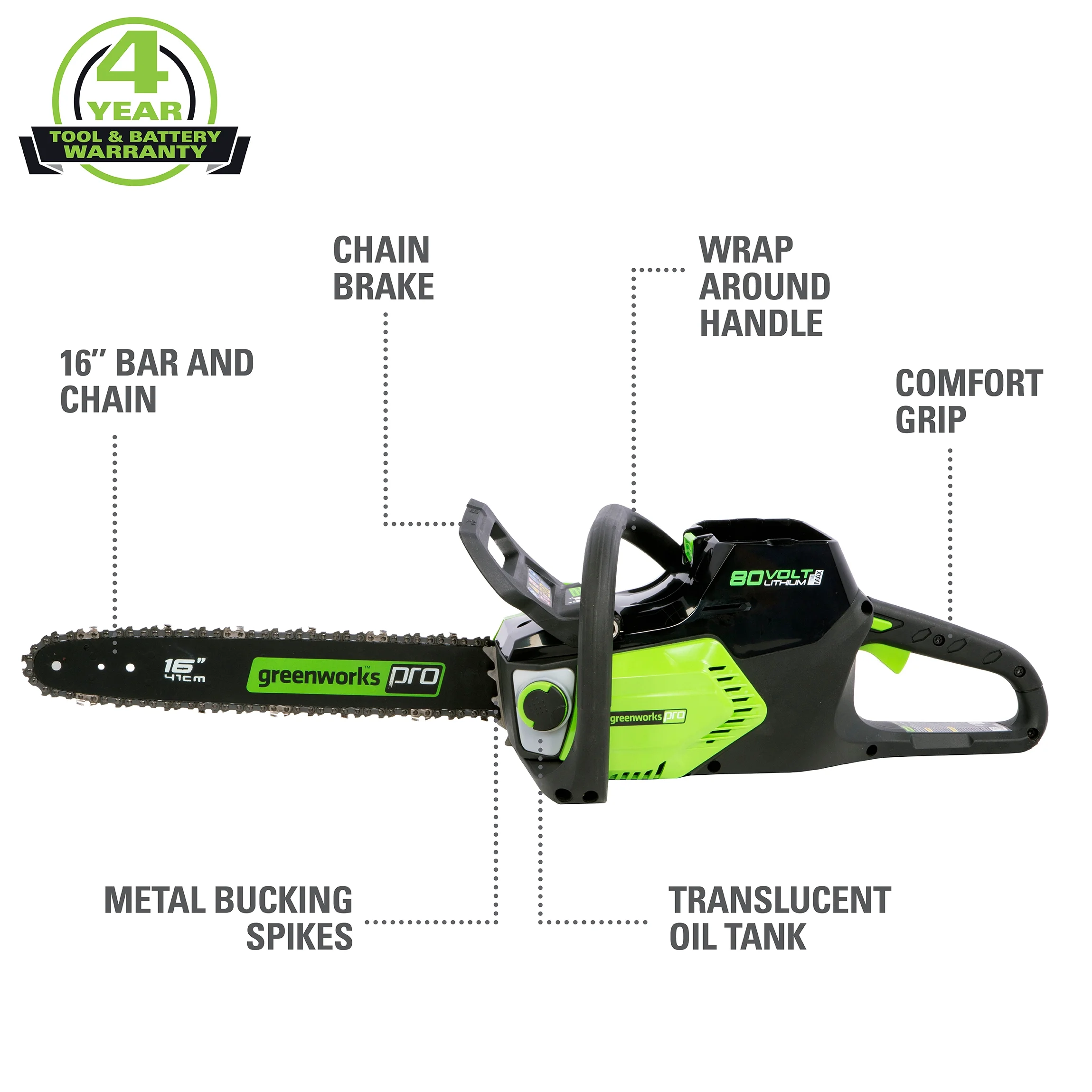 Greenworks Pro 80V 16-inch Cordless Brushless Chainsaw, Battery Not Included, 2004202