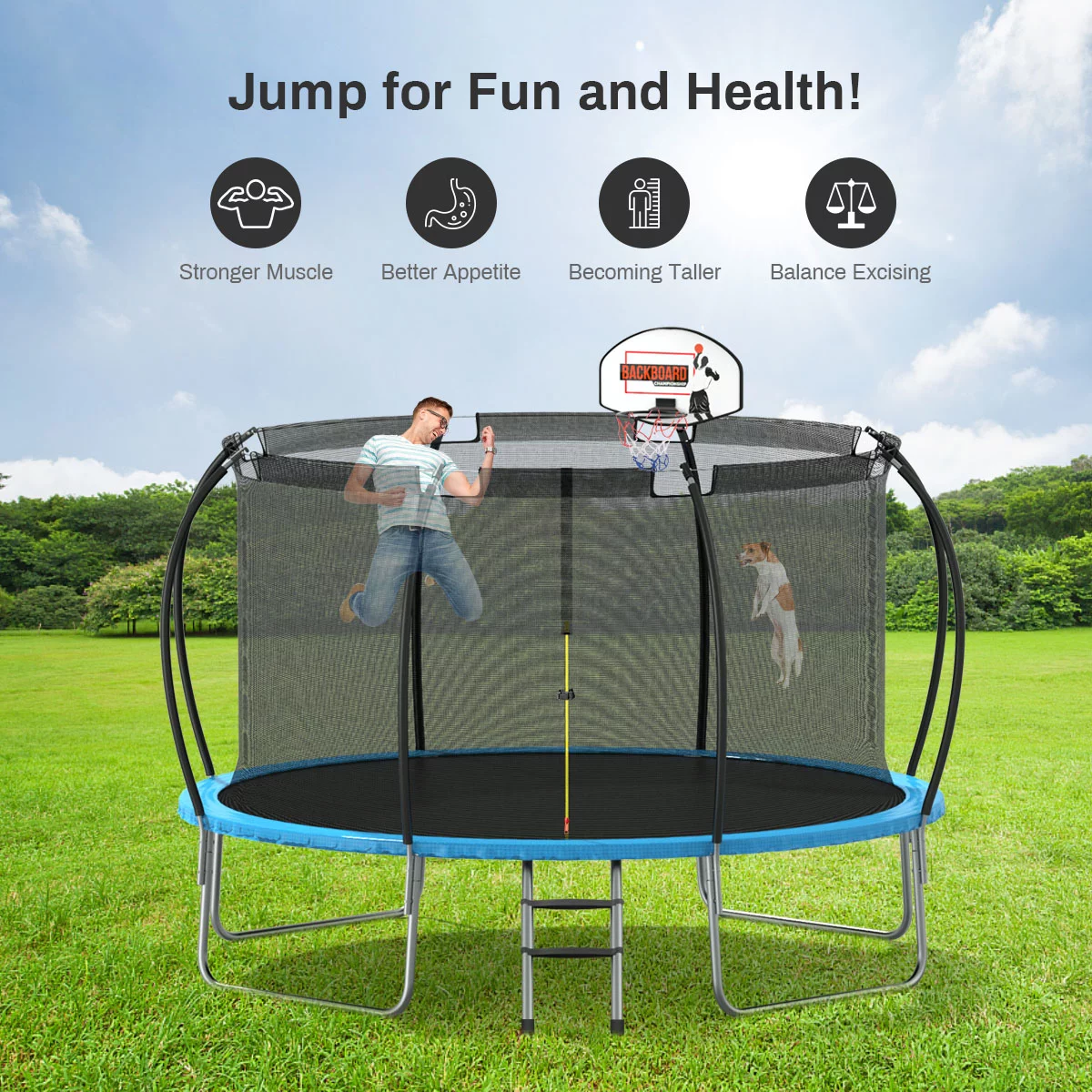 Nazhura  12′ Round Backyard Trampoline with Safety Enclosure and Basketball Hoop