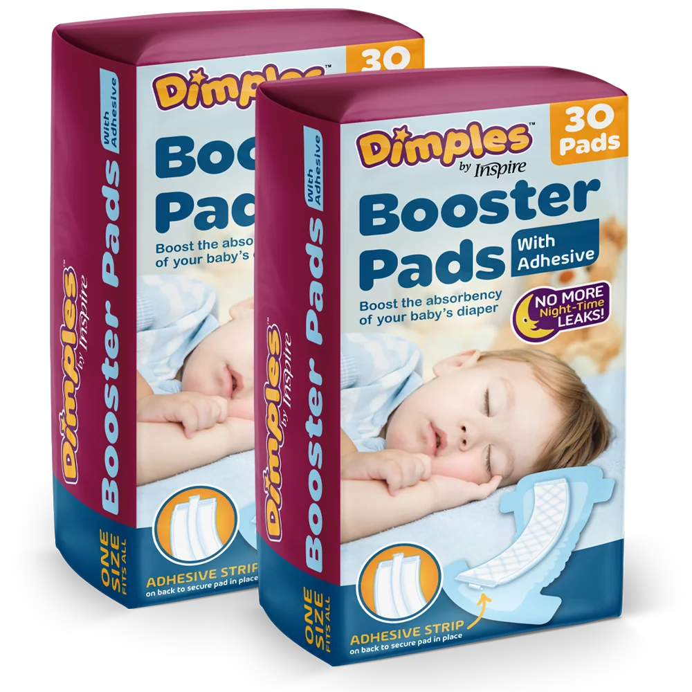 Dimples by Inspire Booster Pads, Baby Diaper Doubler with Adhesive – 1 Size Fits All Diapers – Boosts Diaper Absorbency – No More Leaks 60 Count (with Adhesive for Secure Fit)