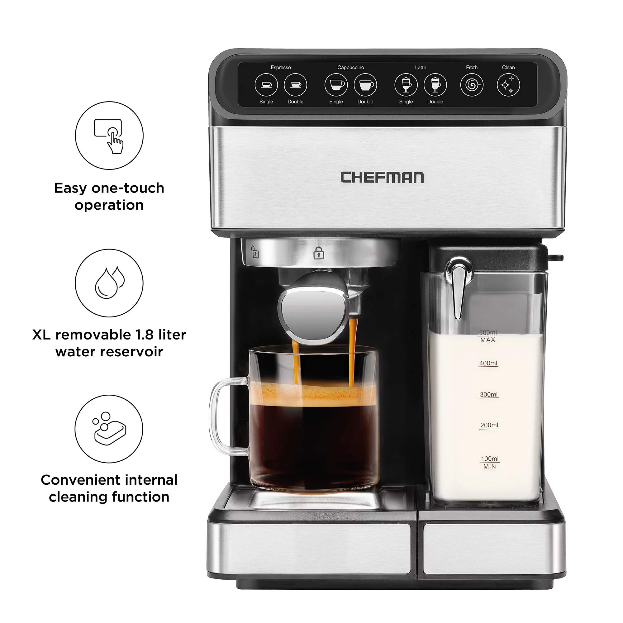 Chefman 6-in-1 Digital Espresso Machine w/ Integrated Milk Frother, 15-Bar Pump – Stainless Steel, New