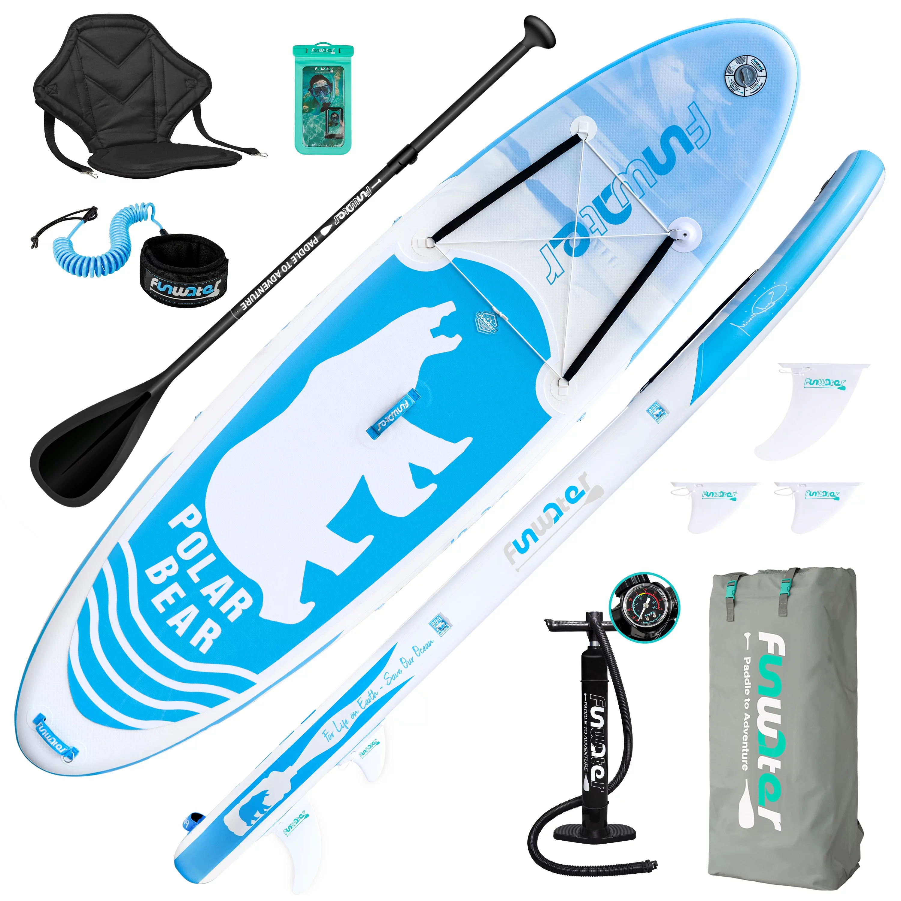 FUNWATER Inflatable Stand up Paddle Board, Sup Board 10’5”x33”x6” (LxWxH)blue, Polar Bear PatternCamera BasetSeatAluminum Paddle ISUP BackpackAccessories