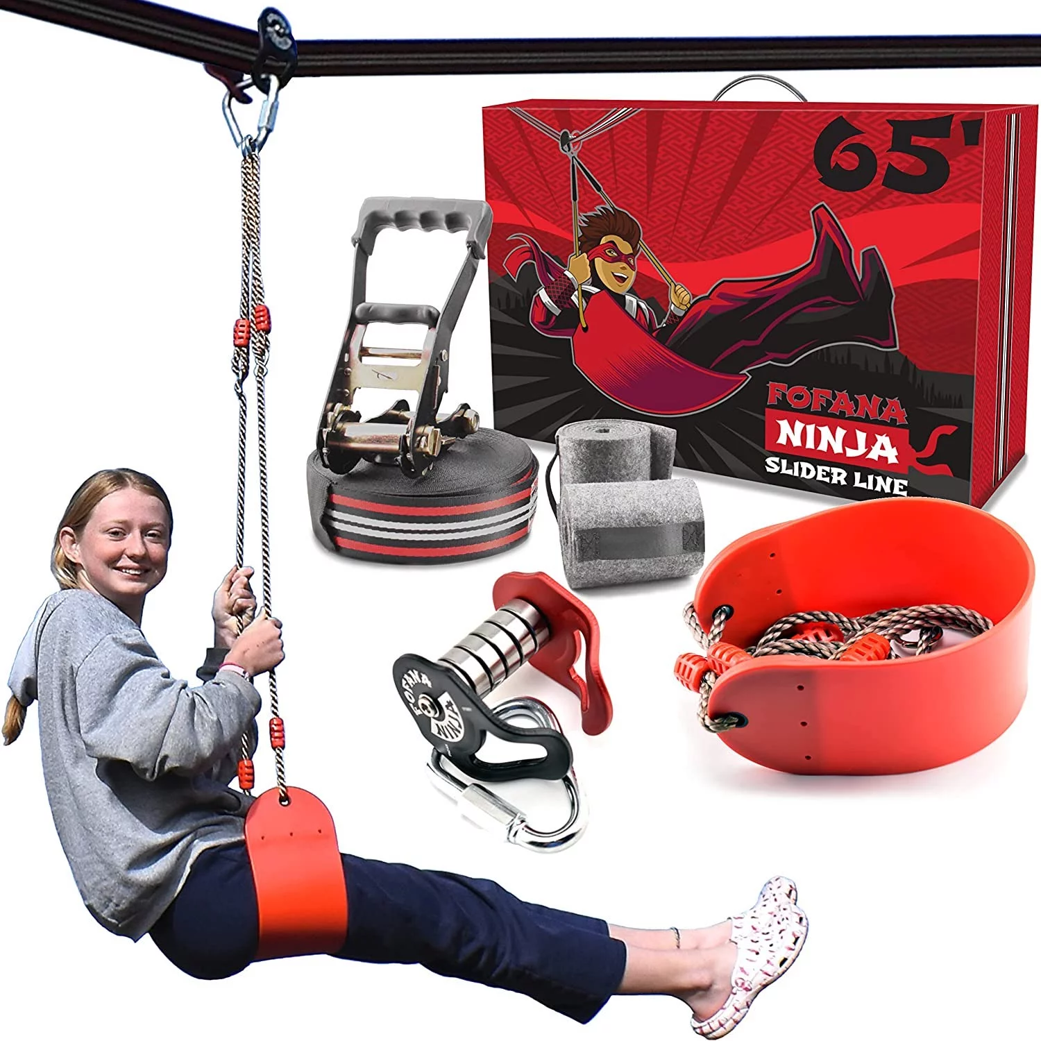 Fofana Original Ninja Slider Zip Lines for Kids and Adults – 65 ft Slackline Zipline Kits for Backyard