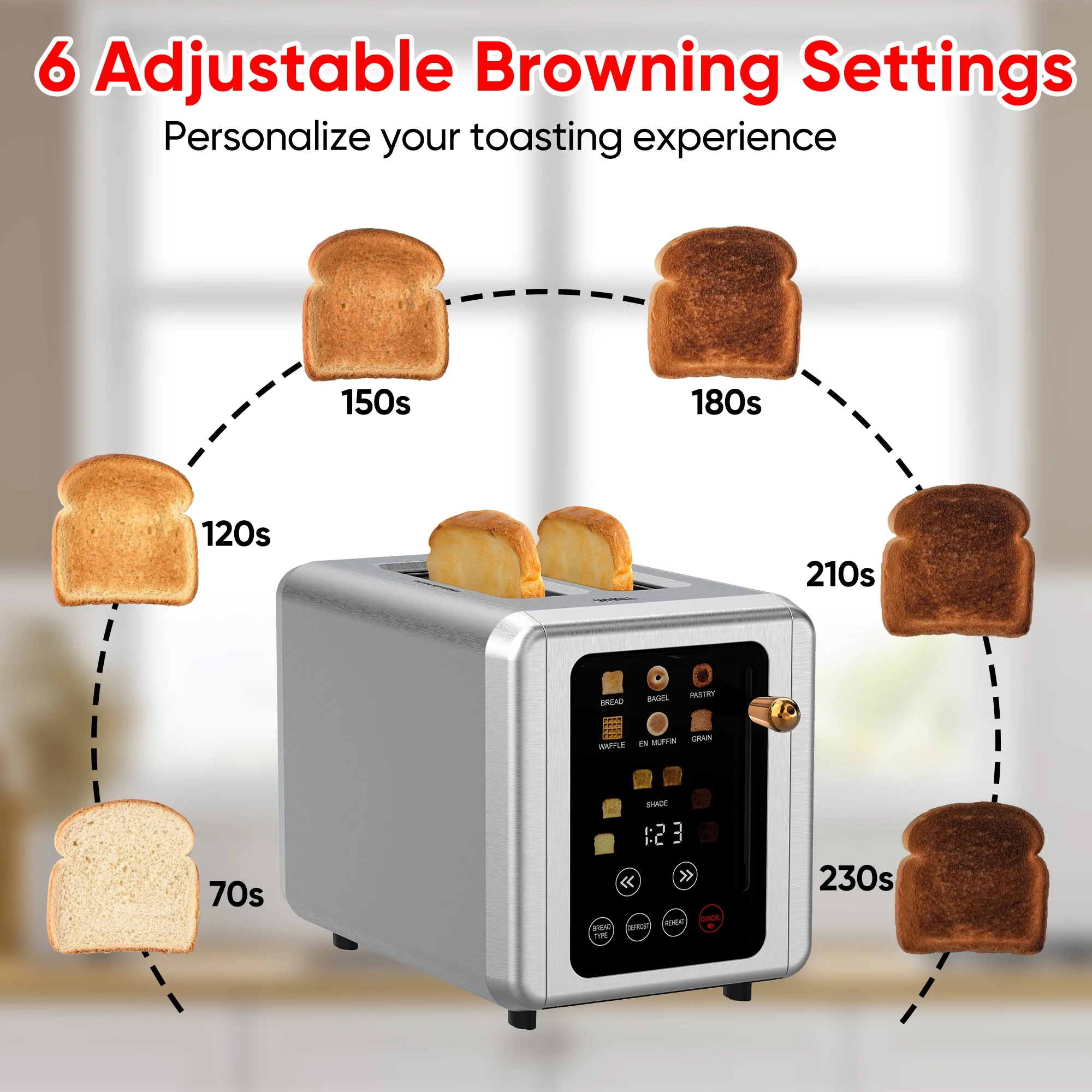 WHALL 2 Slice Touchscreen Toaster – Stainless Steel Toaster with Wide Slot, 6 Shade Settings, Bagel Function, Removable Crumb Tray