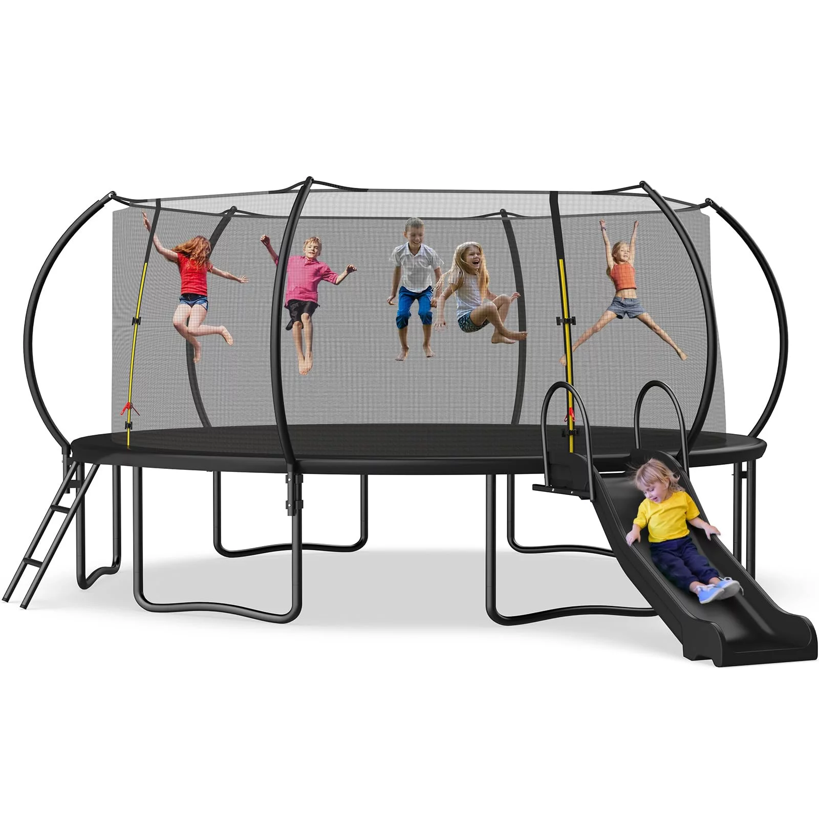 Jump Into Fun Trampoline 12 14 16FT Capacity for 5-7 Kids, Trampoline with Slide, Enclosure Net and Ladder, Pumpkin Trampoline for Adults and Kids, Curved Poles Recreational Backyard Trampoline