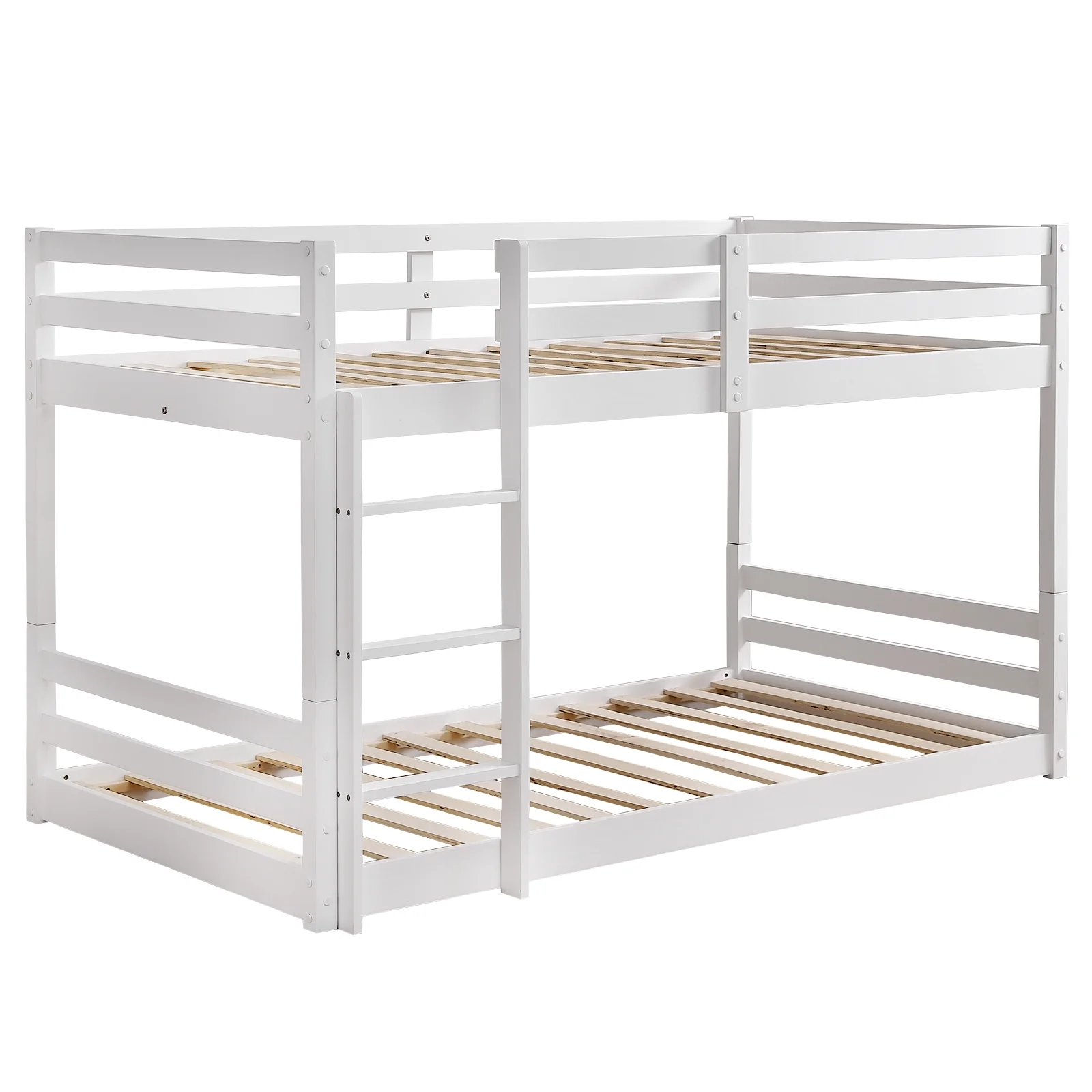 Zimtwon Bunk Bed Twin Over Twin,Kids Low Floor Bunk Bed with Guard Rails for Children Boys Girls Dormitory Bedroom,No Box Spring Needed,White