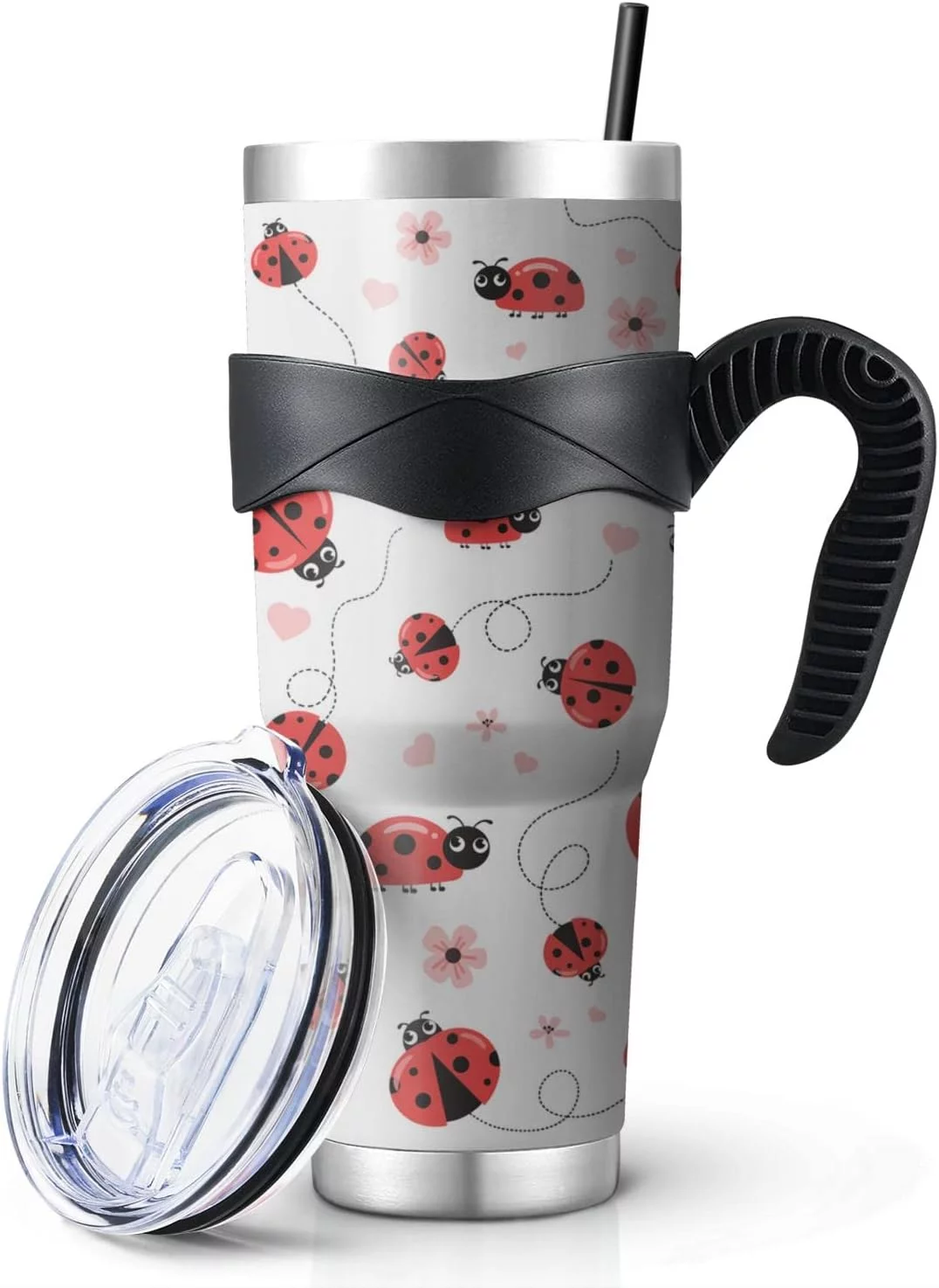 Ladybug 40 Oz Tumbler with Handle and Straw, Cute Large Big Stainless Steel Vacuum Insulated Tumbler Iced Coffee Cup Water Bottle Travel Mug,Ladybug Gifts for Women Decor Accessories Stuff, Red White