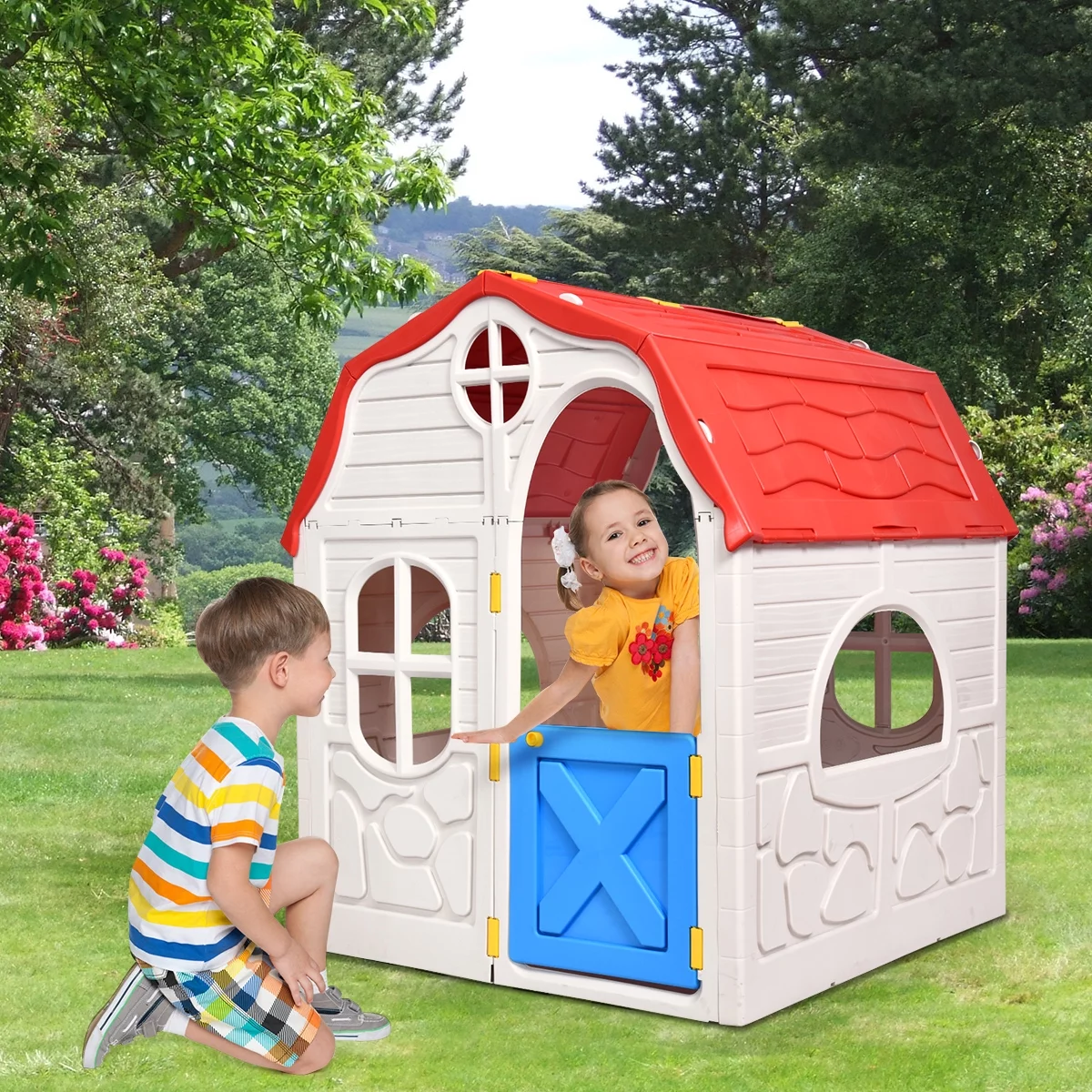 Infans Kids Cottage Playhouse Foldable Plastic Play House Indoor Outdoor Toy Portable