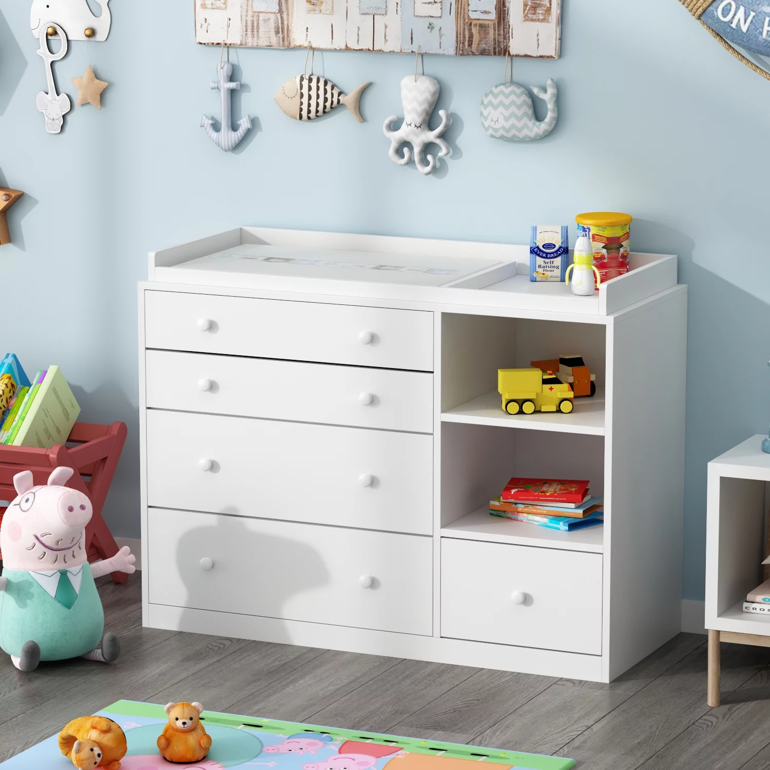 Hitow Baby Changing Table Dresser Nursery Chest with Storage, 5 Drawers and 2 Shelves, White