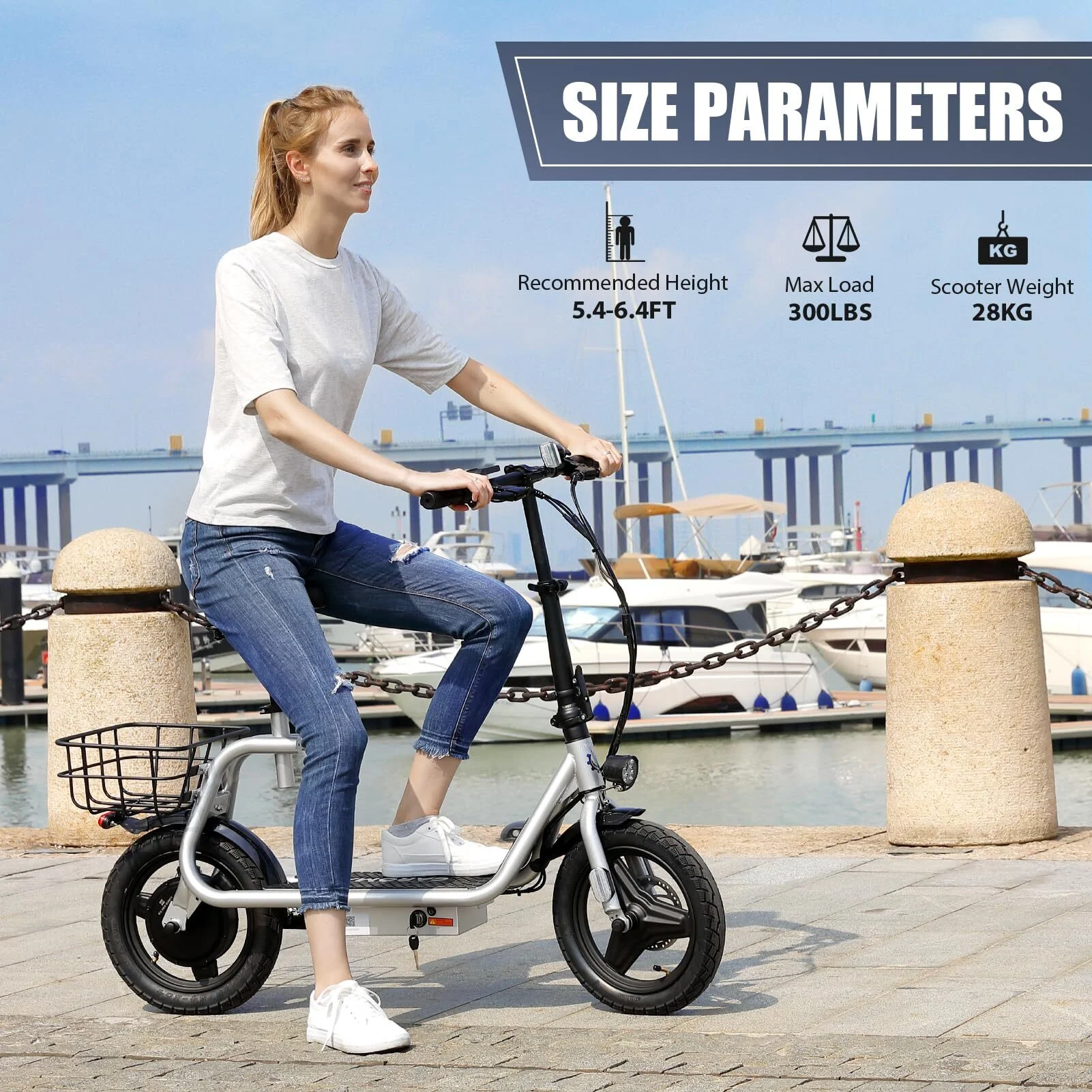 Caroma 500W Electric Scooter with Seat for Adult, 14 inch Commuter Electric Scooter with Dual Shock Absorbers and Basket – Up to 25 Miles 20 MPH, Silver