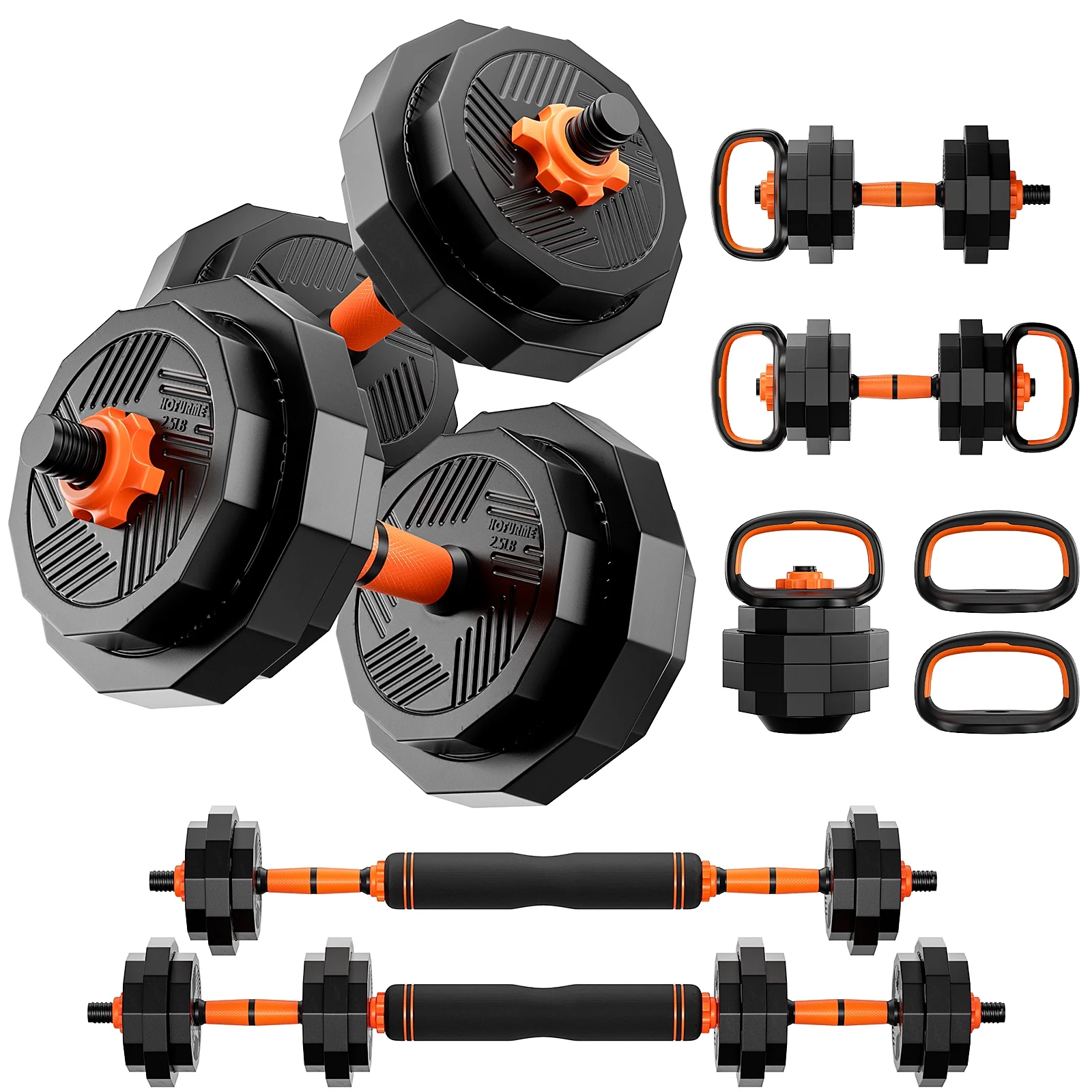 Relefree 62 lbs Adjustable Dumbbell Set, 4 in 1 Free Weight Dumbbells with Connector, Barbell, Kettlebells, Push up Stand, Fitness Exercises for Home Gym Workout