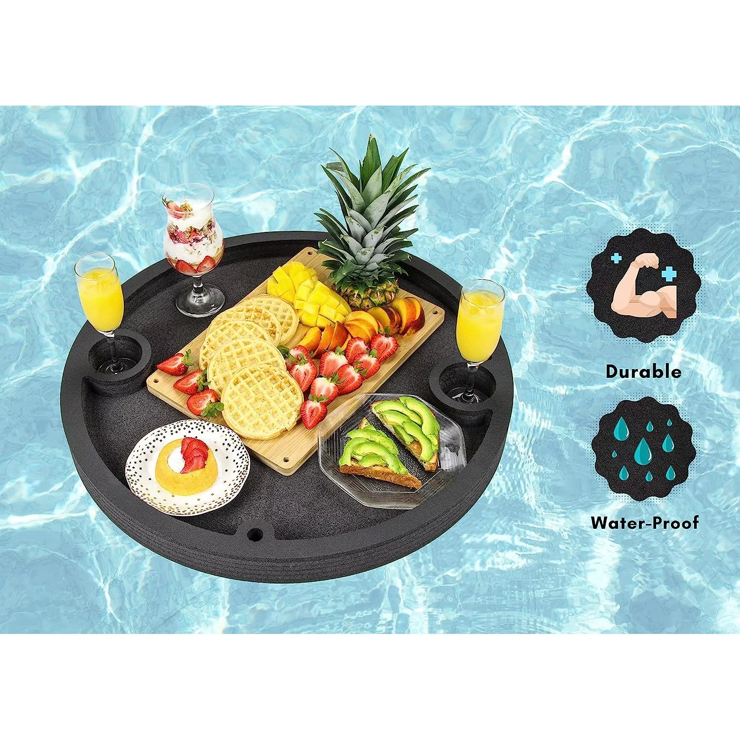 HElectQRIN Floating Breakfast Table Serving Buffet Round Tray Drink Holders for Swimming Pool or Beach Party Float Lounge Refreshment Durable Black Foam UV Resistant with Cup Holders 24 Inches Wide