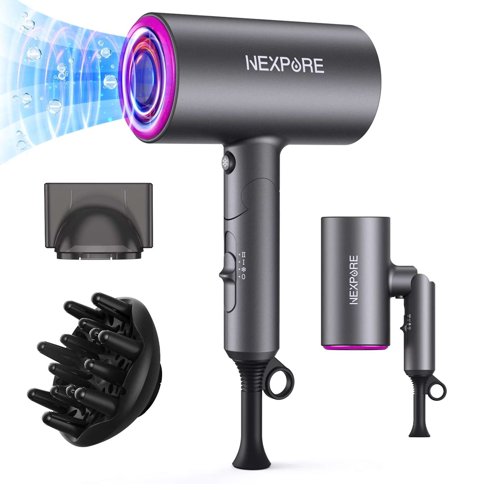 Hair Dryer, NEXPURE 1800W Professional Ionic Hairdryer for Hair Care, Powerful Hot/Cool Wind Blow Dryer with Diffuser, Nozzle, ETL, UL and ALCI Safety Plug (Dark Grey)