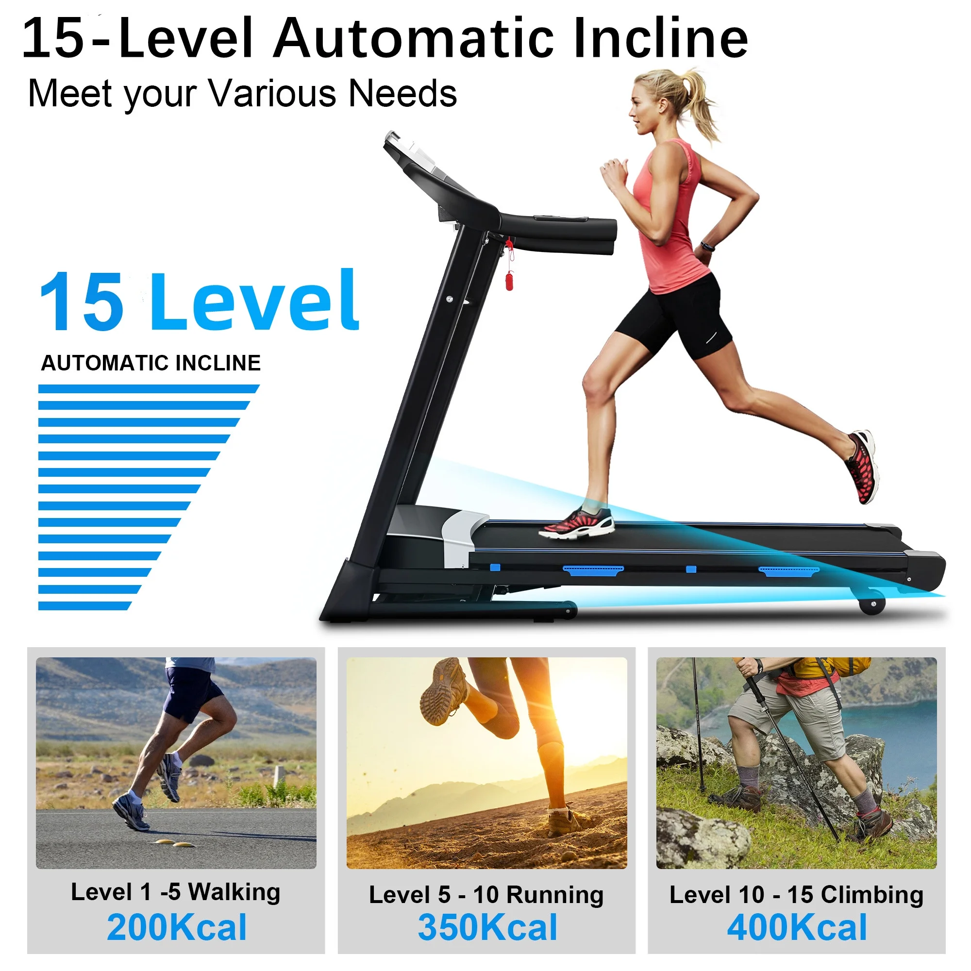 Tikmboex 17” Folding Treadmill with 15-Level Auto Incline 9.0 mph Speed 12 Preset Program, Strong 3.25HP Motor Running Machine for Cardio Fitness , Black 300lbs