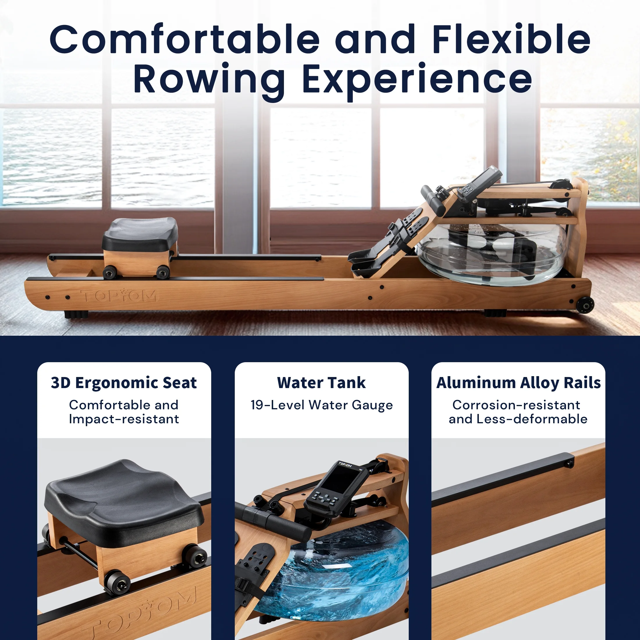 Topiom Water Rowing Machine with TM-3 Performance Monitor Bluetooth Connected 400 lbs Max Load