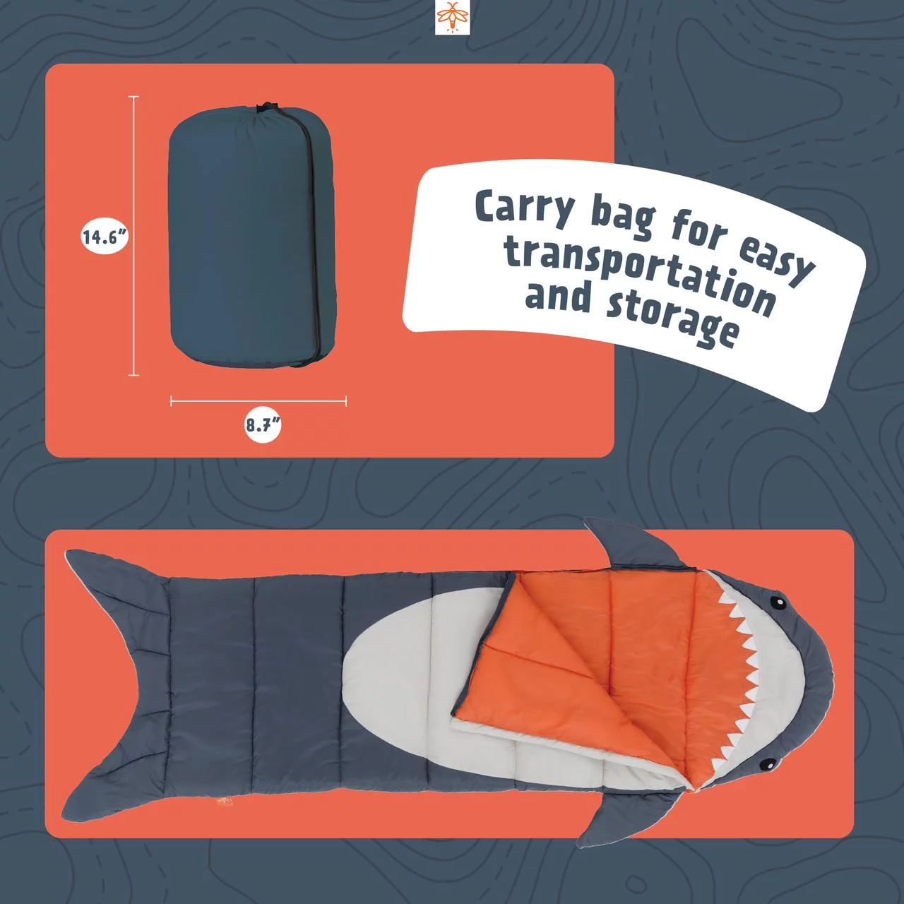 Firefly! Outdoor Gear Finn the Shark Kid’s Sleeping Bag – Navy/Gray (youth size 65 in. x 24 in.)