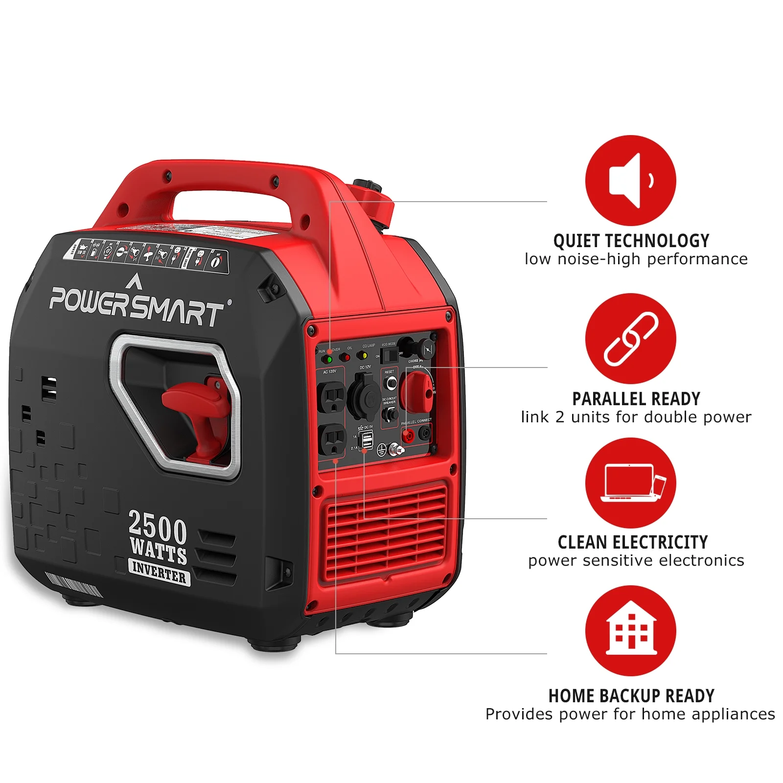 PowerSmart 2500W Portable Inverter Gas Generator .Super Quiet .Low Oil Shutdown, Ultra Lightweight for Camping