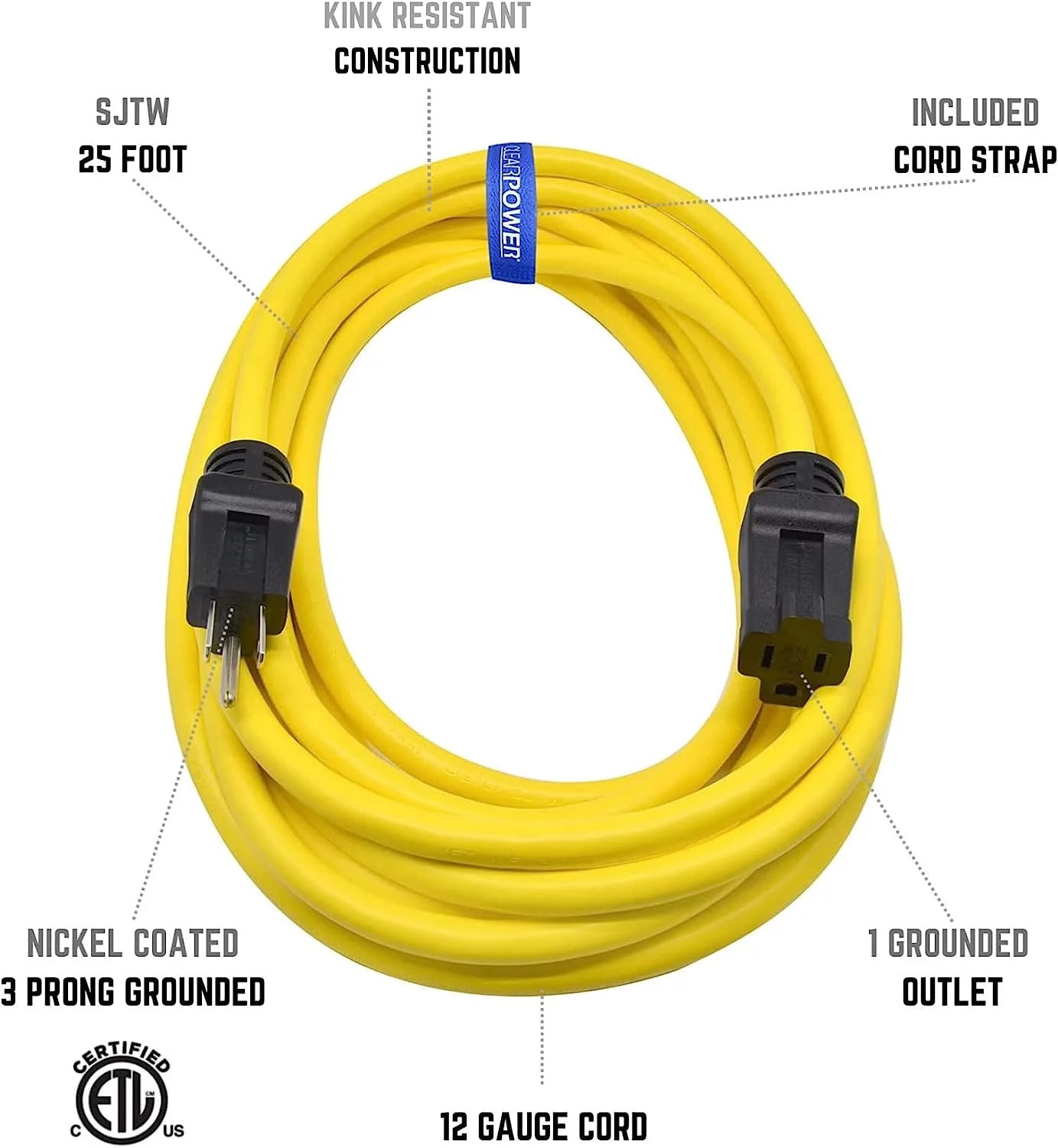 Clear Power 12/3 SJTW 25 ft Heavy Duty Outdoor Extension Cord, Yellow, CP10144