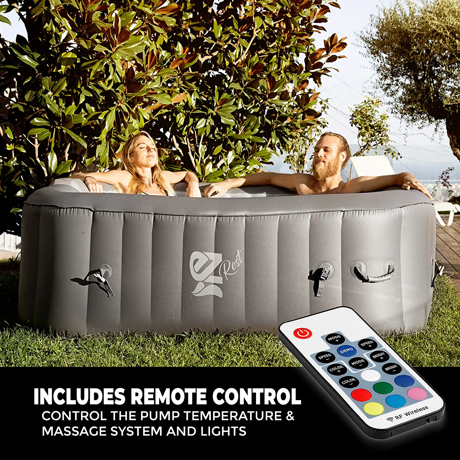 SereneLife Outdoor Portable Hot Tub  6-Person Square Inflatable Heated Pool Spa with 130 Bubble Jets, Gray