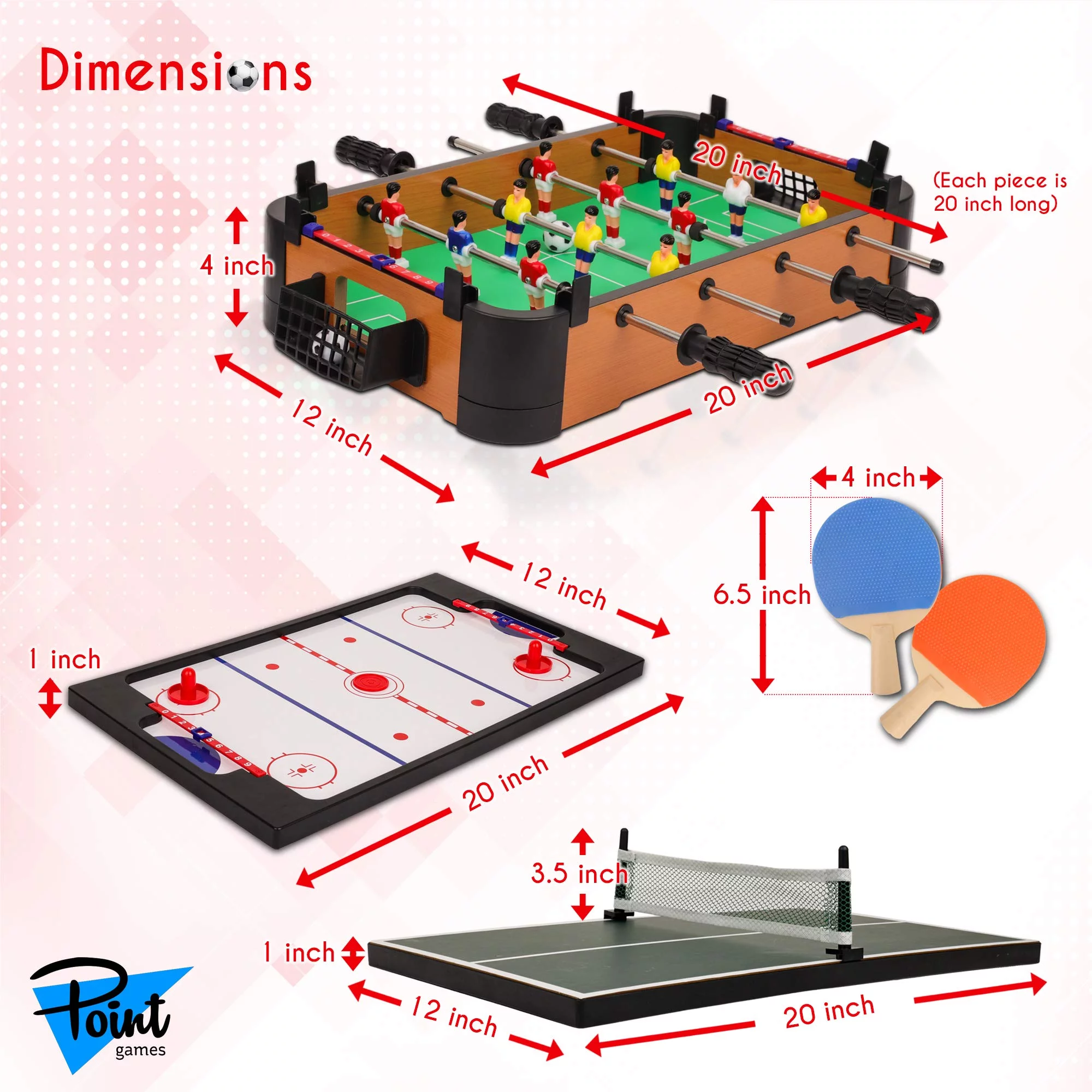 Point Games 3 in 1 Small Multi Game Set, Foosball, Air Hockey, Table Tennis – Portable Mini Arcade Table for Easy Carry – Perfect Arcade Gift for Children – Recommended Age 3+