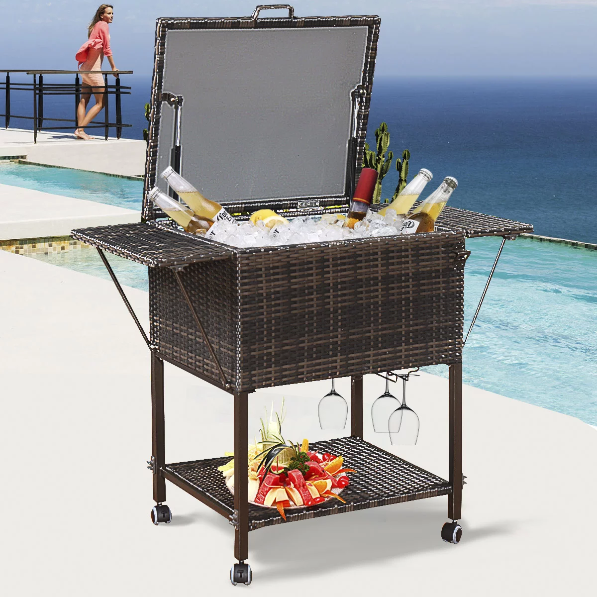 Costway Portable Rattan Cooler Cart Trolley Outdoor Patio Pool Party Ice Drink Mix Brown