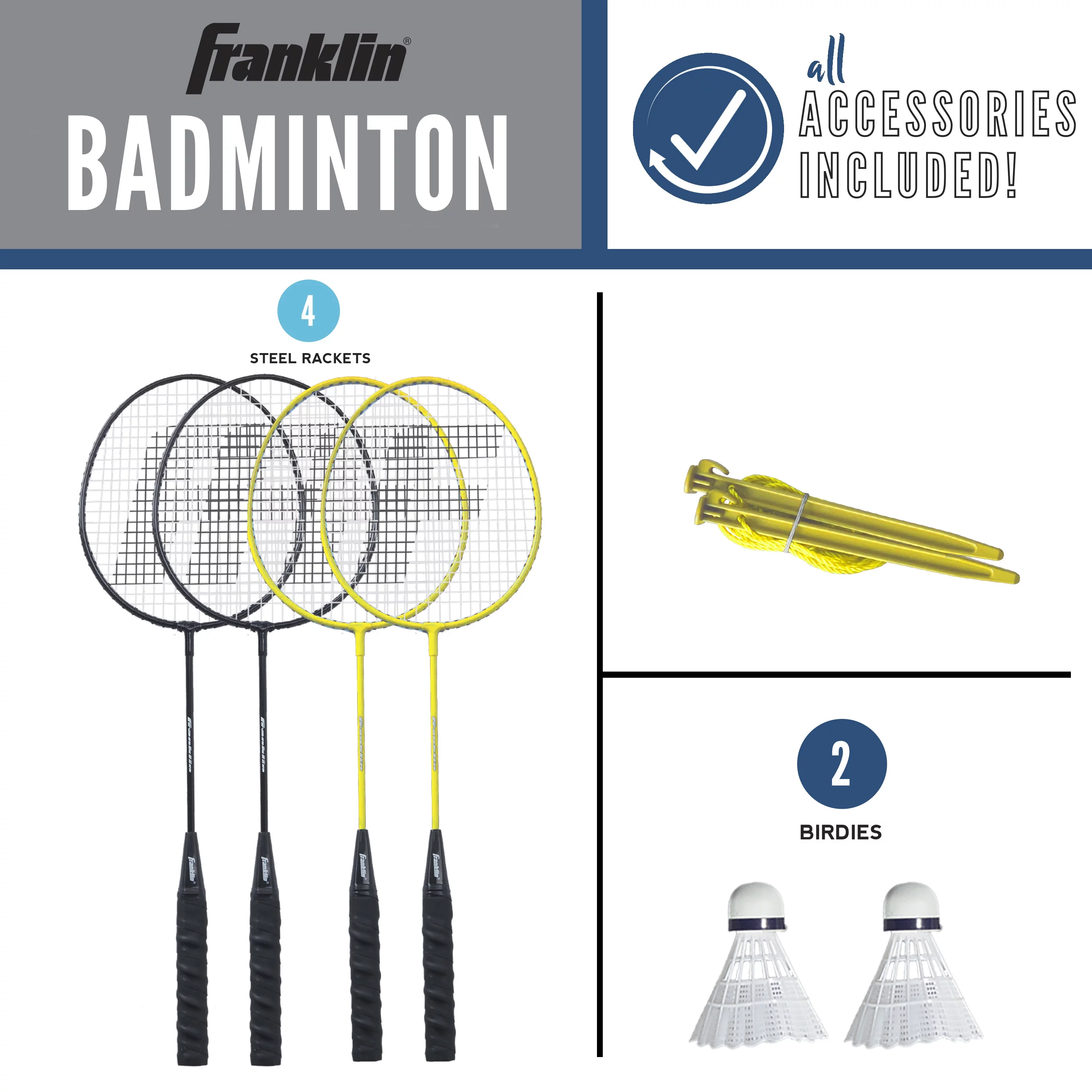 Franklin Sports Badminton Net Family Set – Includes 4 Steel Rackets, 2 Birdies, Adjustable Net and Stakes – Backyard or Beach Badminton Set – Easy Net Setup