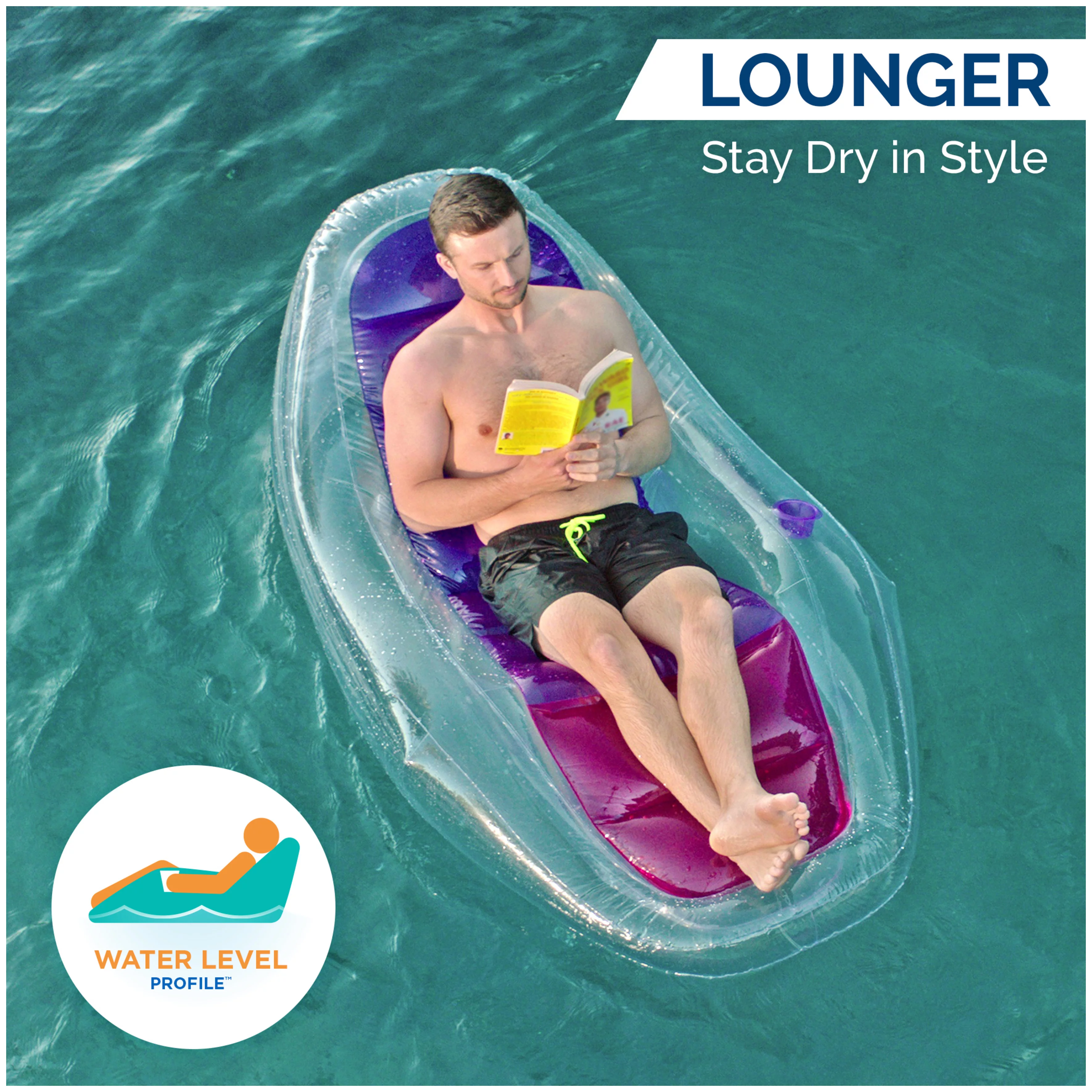 Swimways Dry Float Lounger Pool Float, Translucent Inflatable Recliner Chair for Adults with Fast Inflation, Foot Rest & Cup Holder