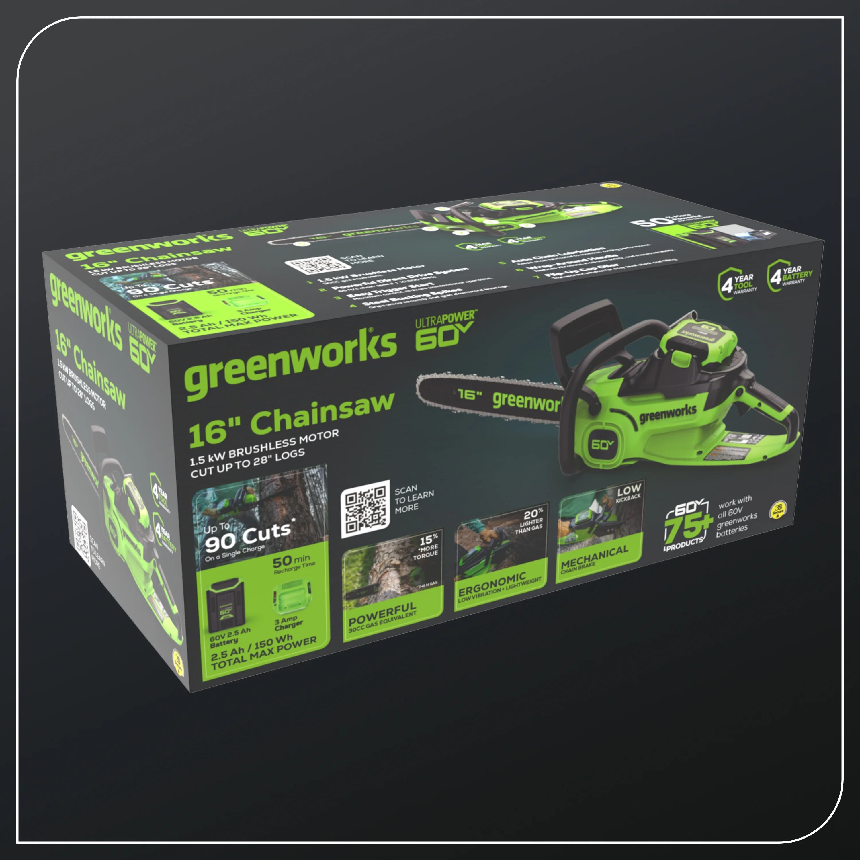 Greenworks 60V 16″ 1.5kW Brushless Chainsaw with 2.5 Ah Battery & 3 Amp Charger 2028602