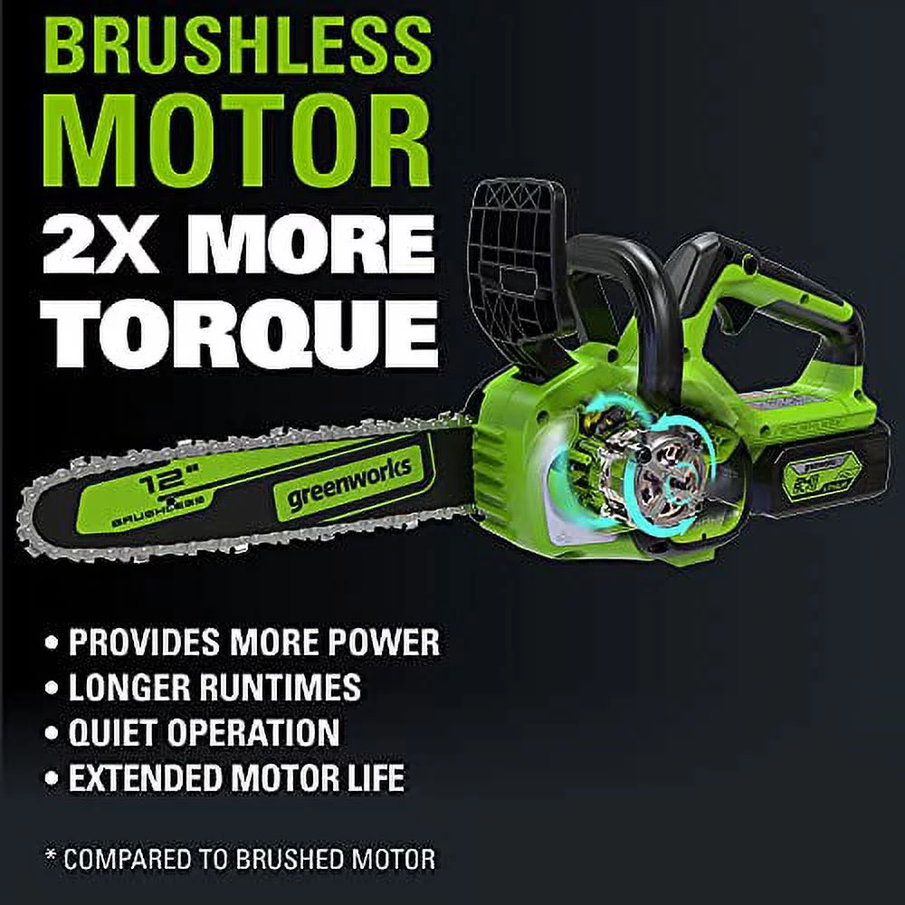 Greenworks 24V 12-inch Brushless Chainsaw with 4.0 Ah Battery and Charger, 2016602