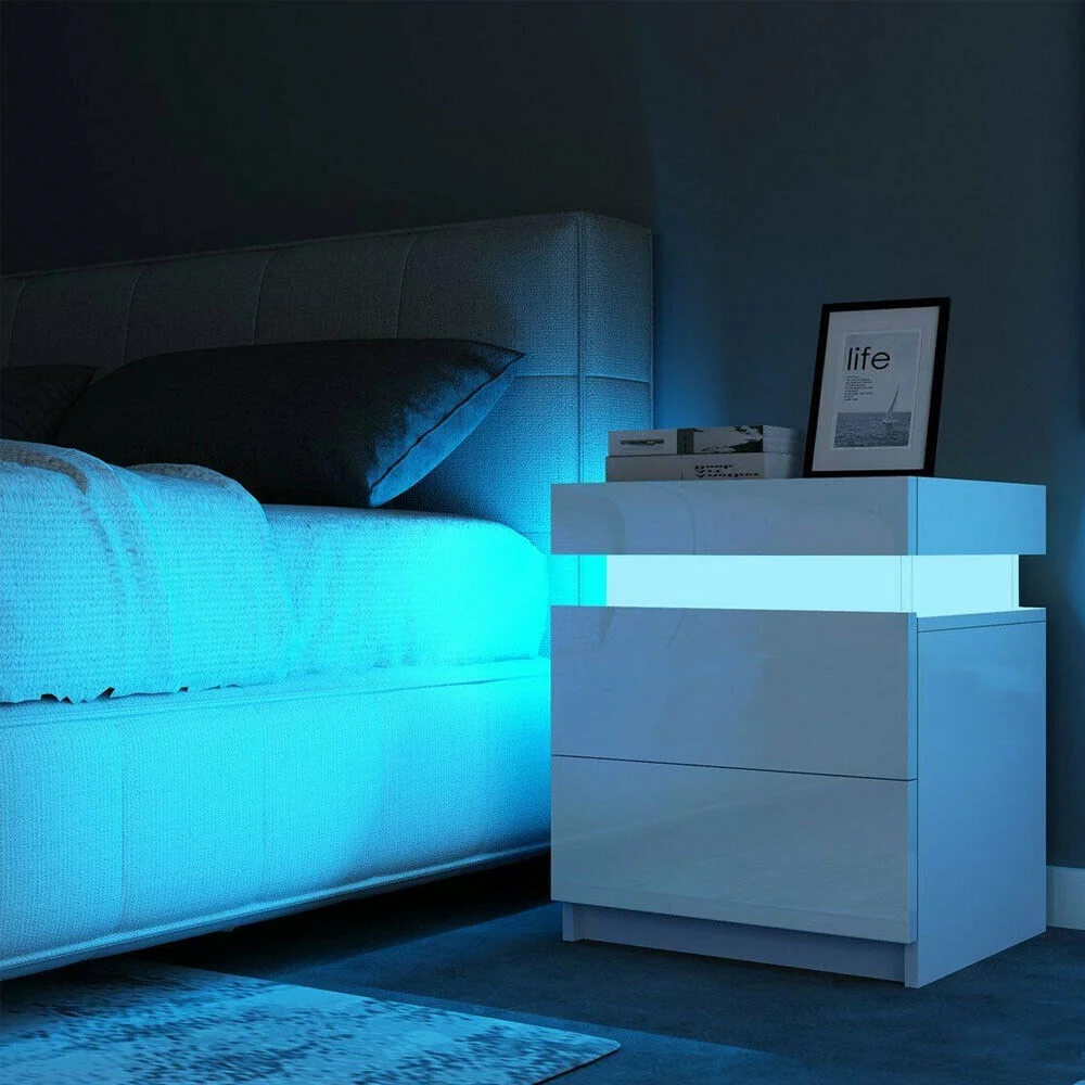 Hommpa 2 Drawer Modern Nightstand with RGB LED Light High Gloss Bedside Tables for Bedroom White