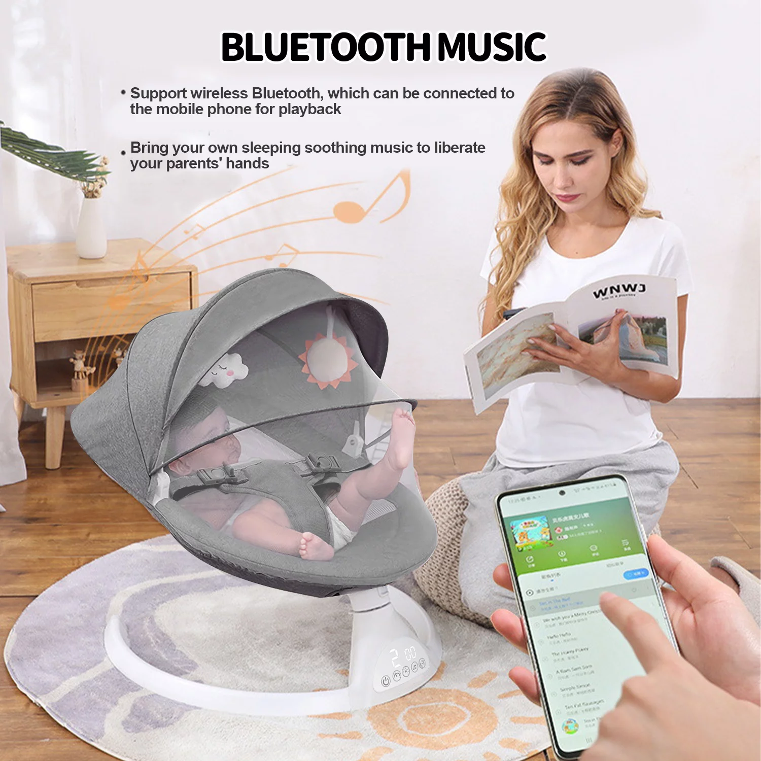 Baby Swing for Infants, Bluetooth Swing Electirc Baby Rocker Bouncer, Intelligent Auto Swing with 5 Speed