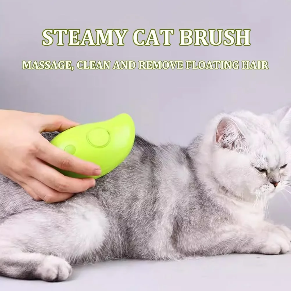 2024New 3 In1 Cat Steamy Brush, Steamy Cat Brush, Self Cleaning Steam Cat Brush, Cat Steamer Brush for Massage, Cat Hair Brush for Removing and Loosse Hair (1Green)