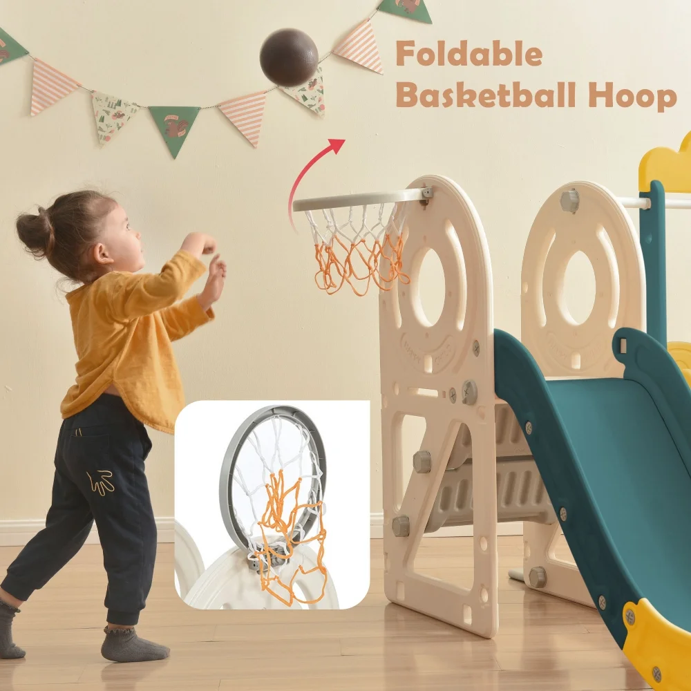 5 In 1 Kids Swing-N-Slide Set, Toddler Slide Swing Set with Bus Play Structure, Freestanding Slide Set with Climber and Basketball Hoop for Indoor and Outdoors Playground Play Set, Gray