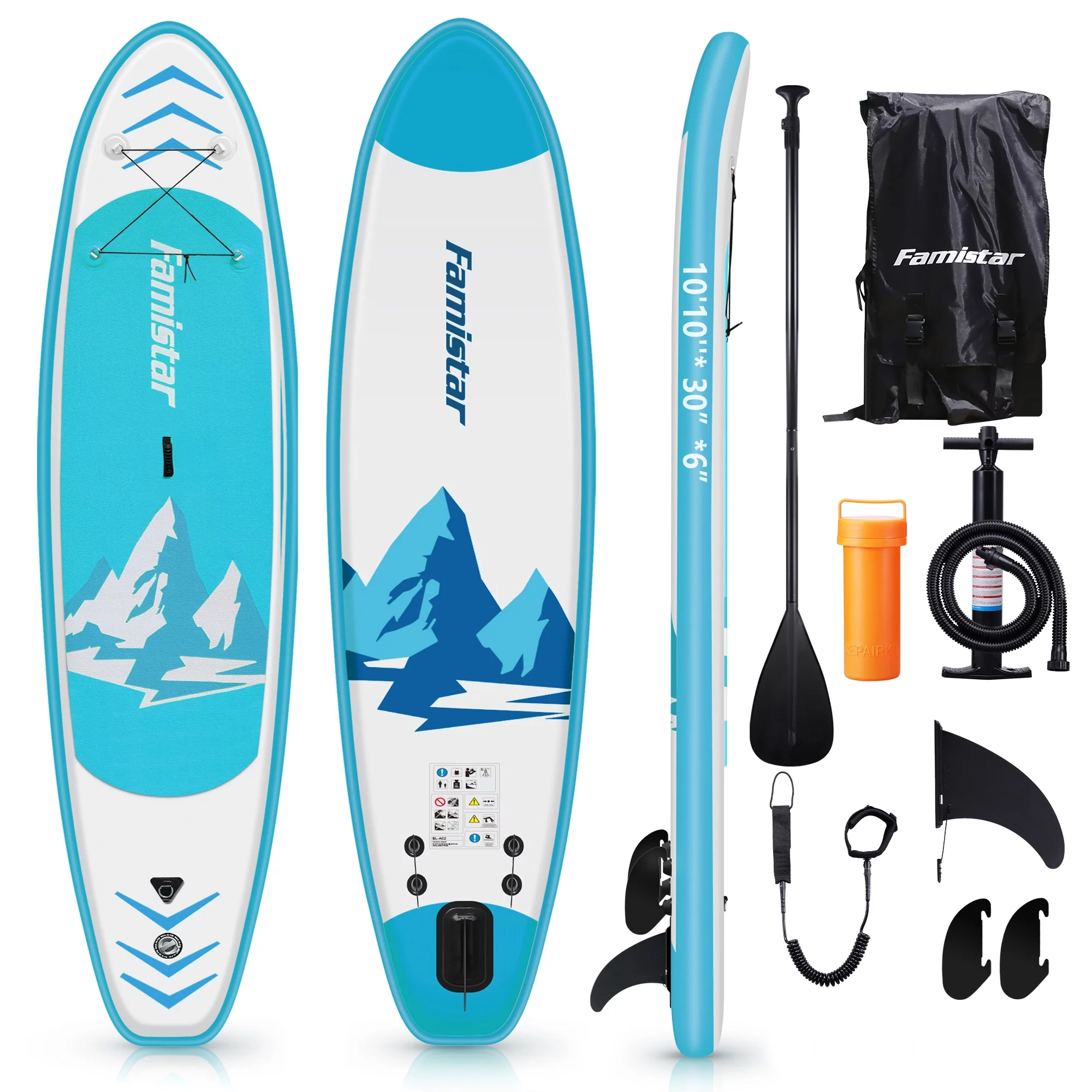 Famistar 10’10” Inflatable Stand Up Paddle Board SUP w/ 3 Fins, Adjustable Paddle, Pump & Carrying Backpack