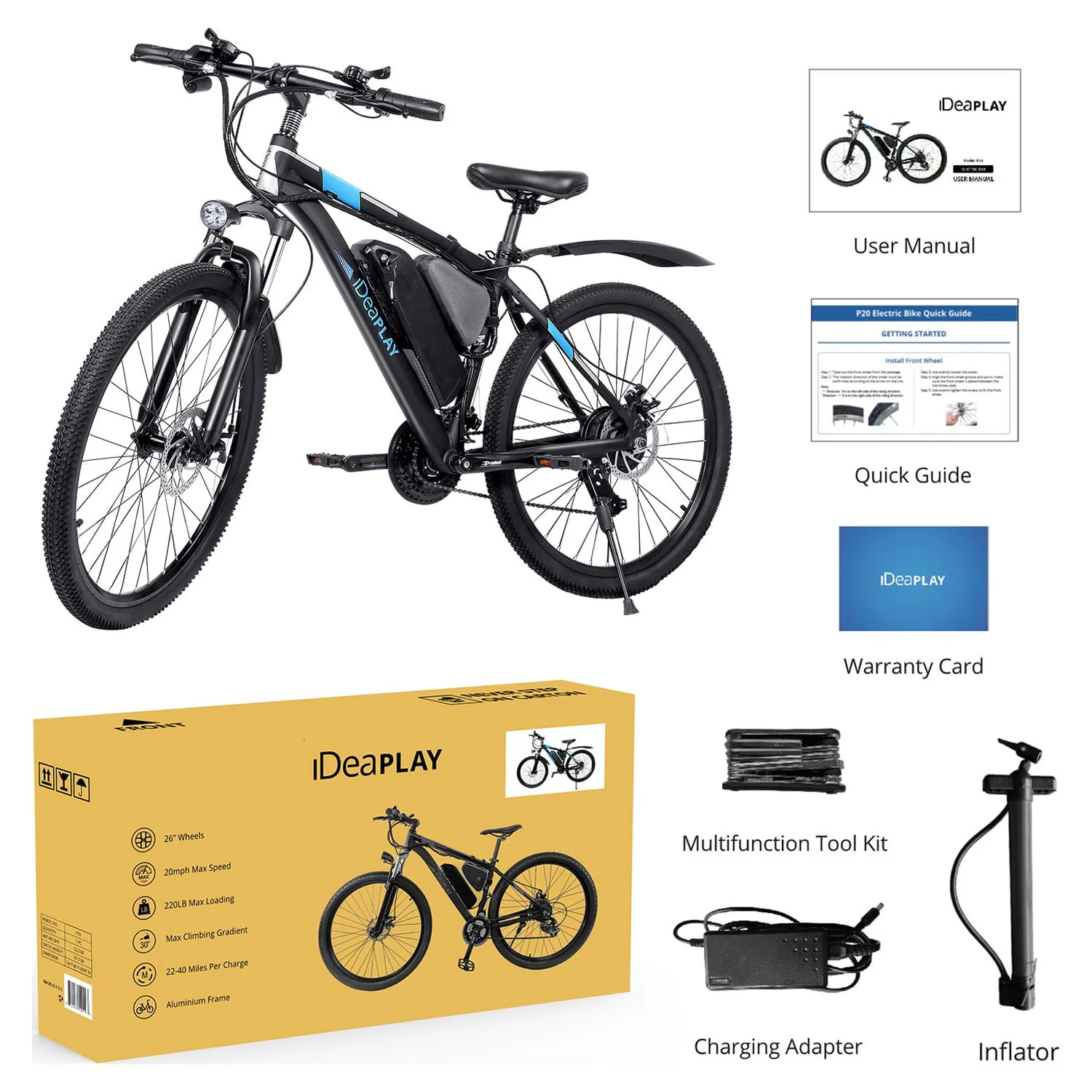 IDEAPLAY  26 inch Electric Bike for Adults P30, 350W 20 mph Adult Electric Bicycle With 18 Speed Ebike