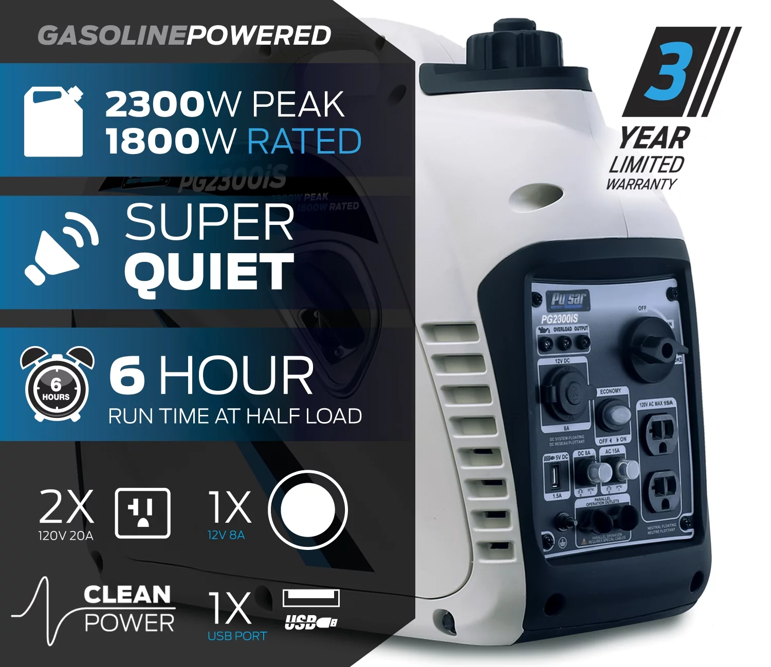 Pulsar 2300-Watt Super Quiet Gas Powered Inverter Generator with USB