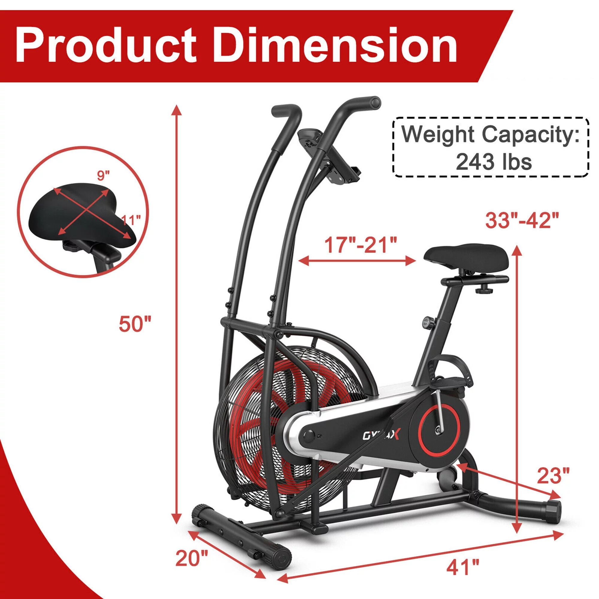 Gymax Unlimited Resistance Airdyne Bike Fan Exercise Bike with Clear LCD Display