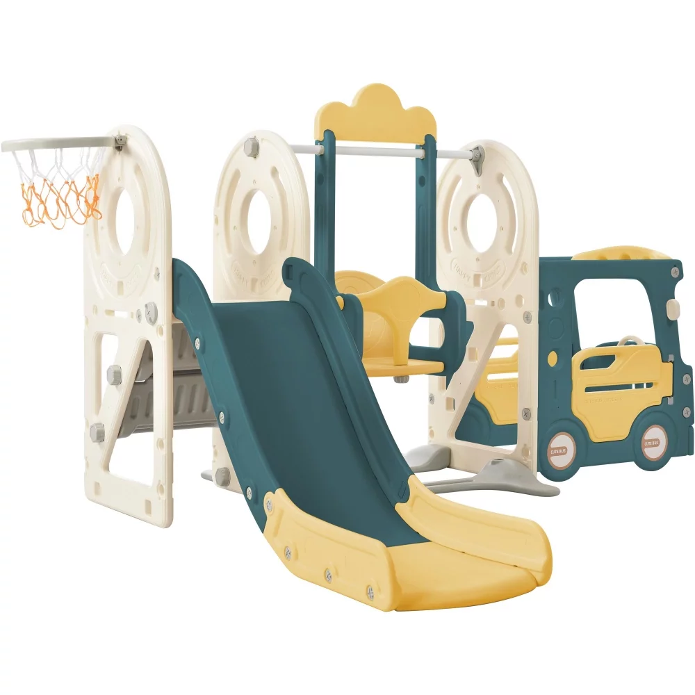 5 In 1 Kids Swing-N-Slide Set, Toddler Slide Swing Set with Bus Play Structure, Freestanding Slide Set with Climber and Basketball Hoop for Indoor and Outdoors Playground Play Set, Gray