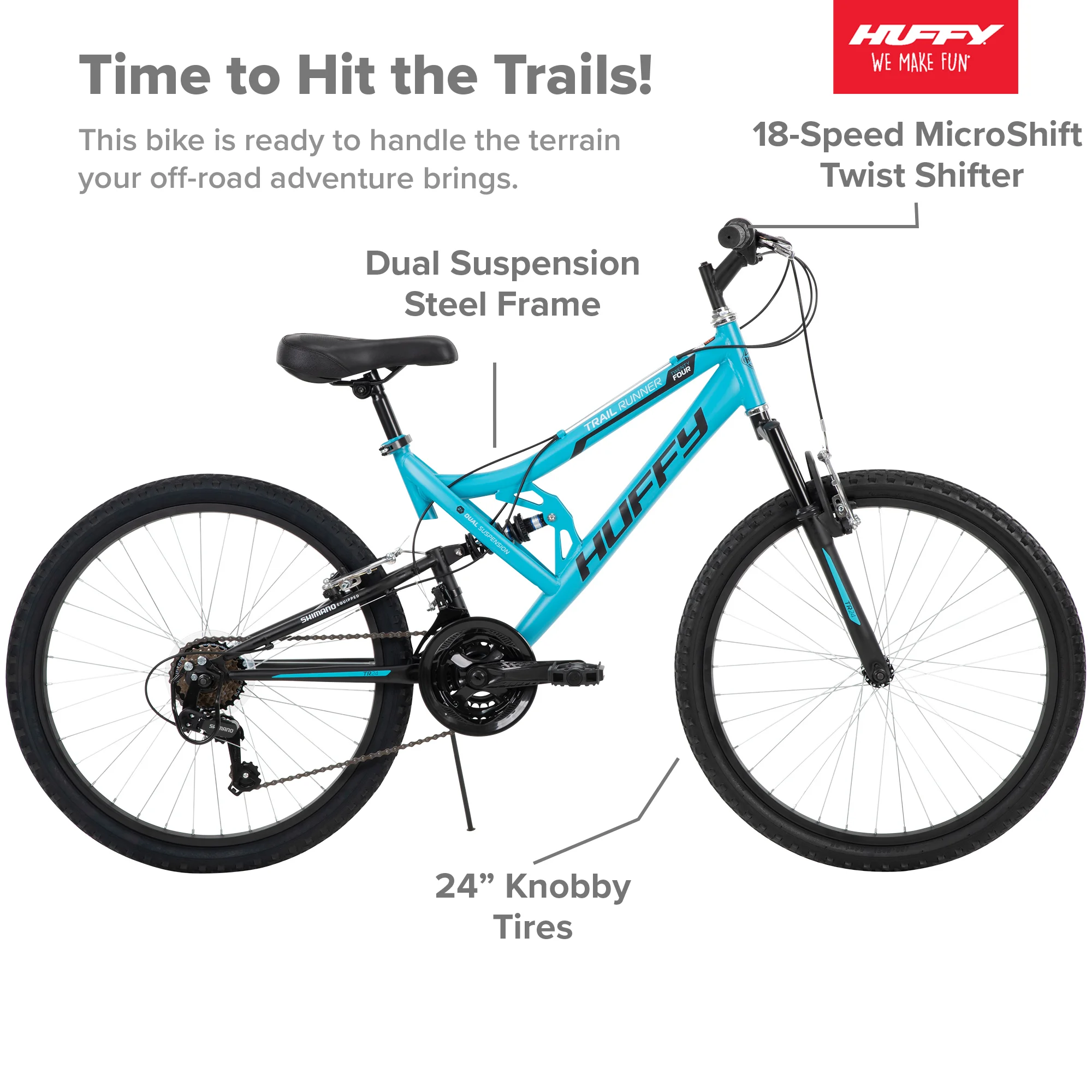 Huffy 24″ Trail Runner Girls Full Suspension Mountain Bikes, Ages 12+ Years, Teal Blue