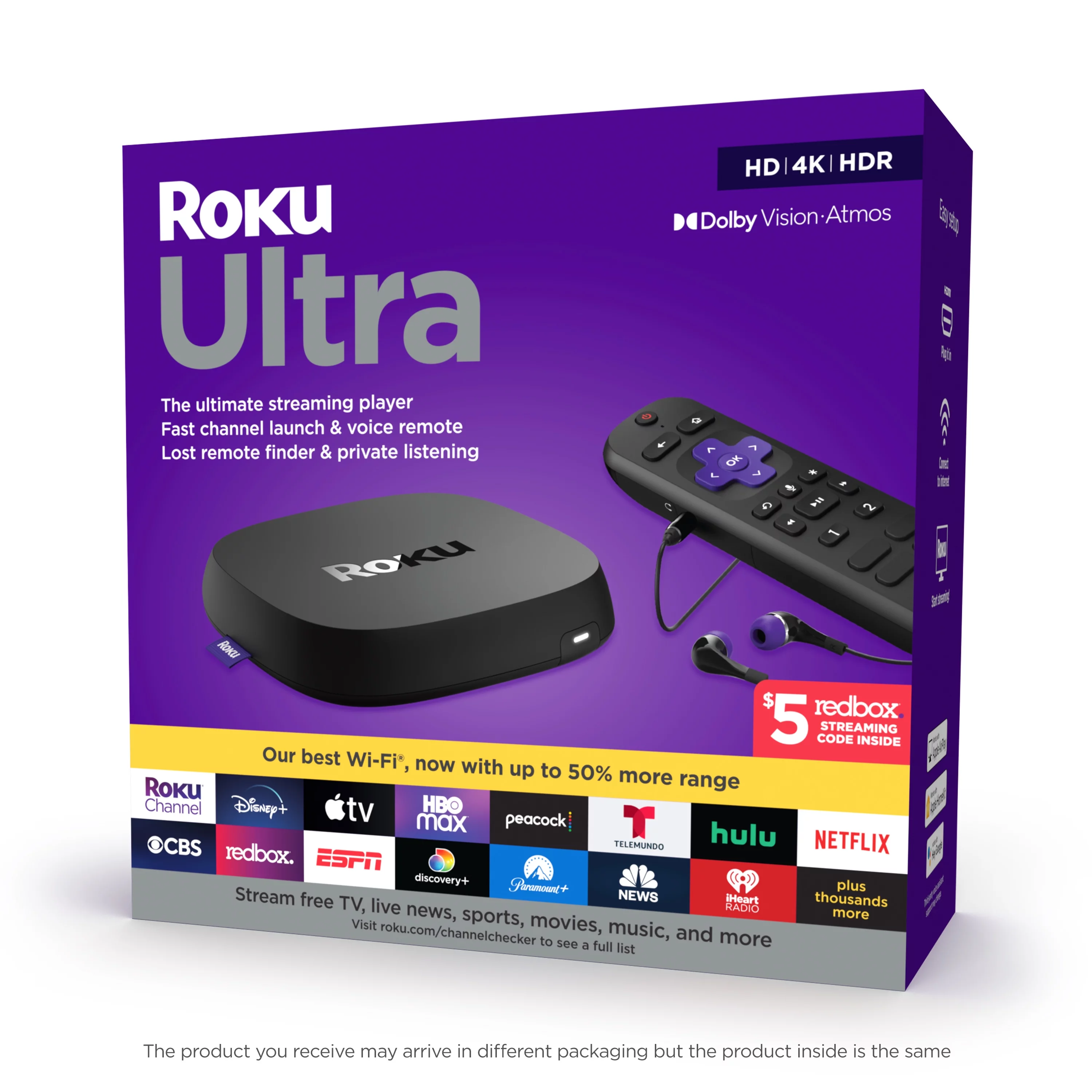 Roku Ultra | Streaming Device 4K/HDR/Dolby Vision, Roku Voice Remote with Headphone Jack, Premium HDMI Cable