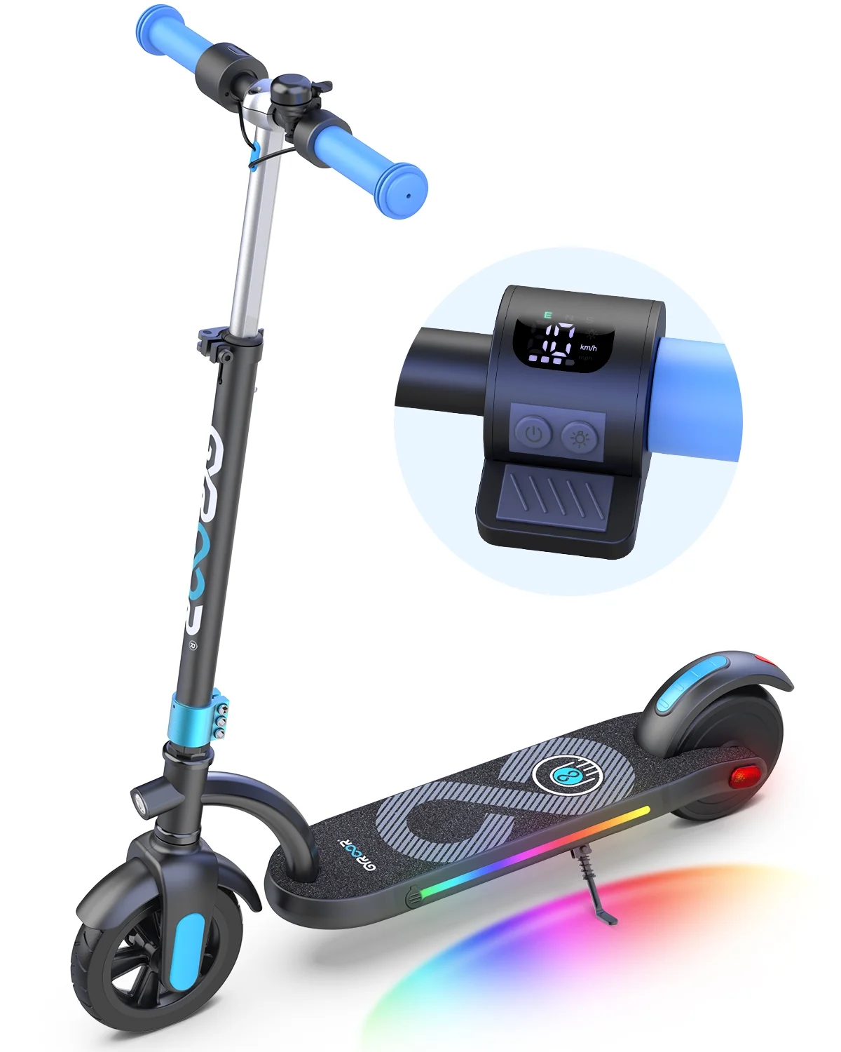 GYROOR Kids Electric Scooter, with 180 Motor & LED Visible Display, Colorful Lights, Adjustable Speed and Height, 10 Mph & 10 Miles Range Electric Scooter, Electric Scooter for Kids Ages 8-12