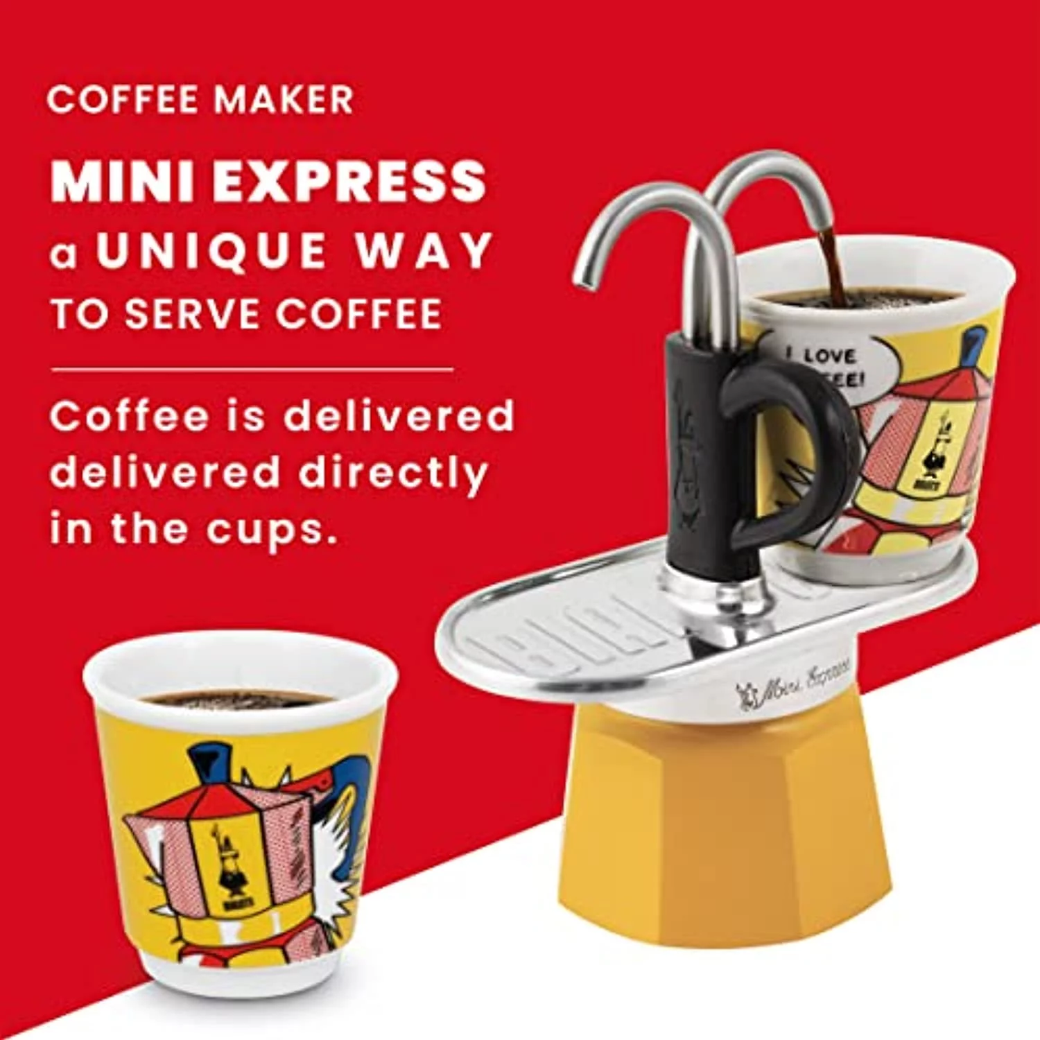 Bialetti – Mini Express Lichtenstein: Moka Set includes Coffee Maker 2-Cup (2.8 Oz), Yellow, Aluminium