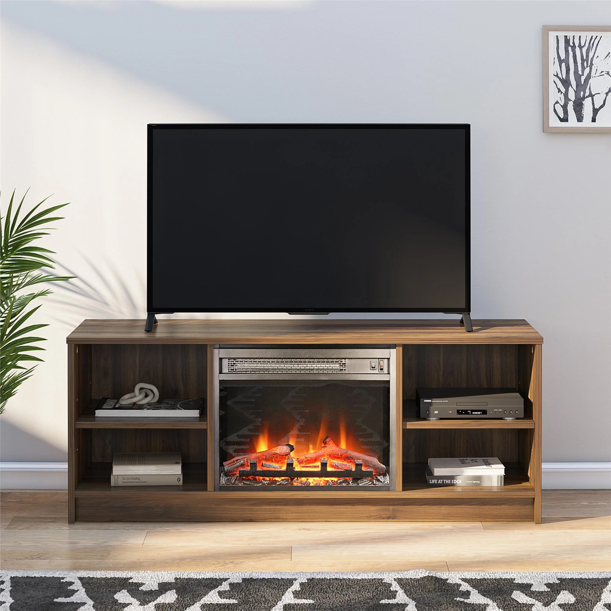 Mainstays Fireplace TV Stand for TVs up to 55″, Black Oak