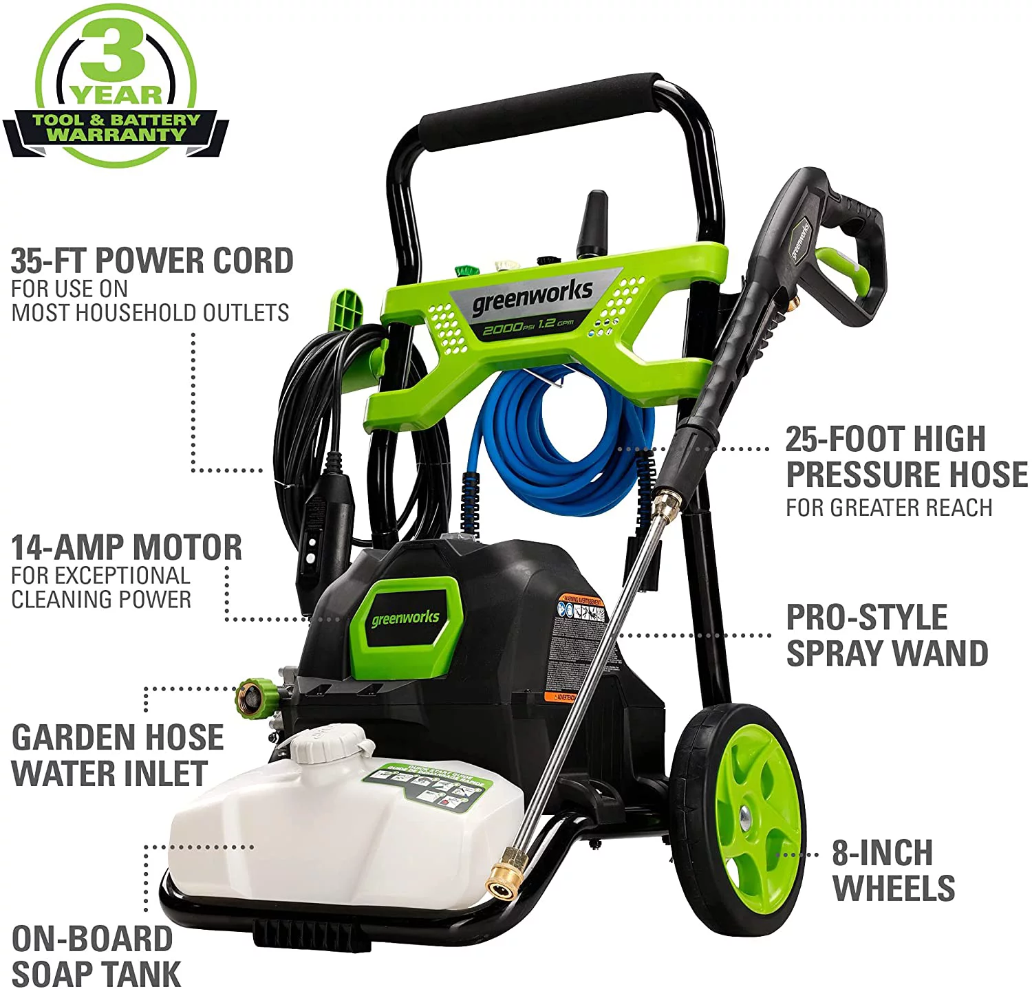 Greenworks Premium 2000 PSI 1.2 GPM Electric Pressure Washer, 5118202VT